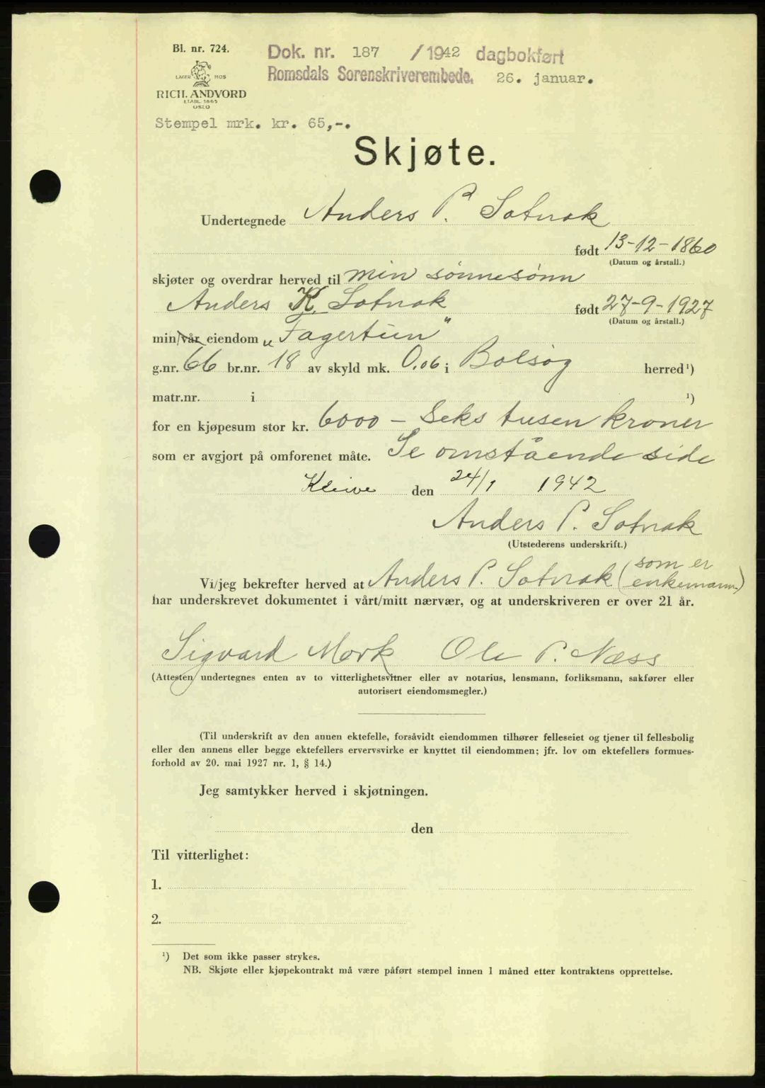 Romsdal sorenskriveri, AV/SAT-A-4149/1/2/2C: Mortgage book no. A11, 1941-1942, Diary no: : 187/1942