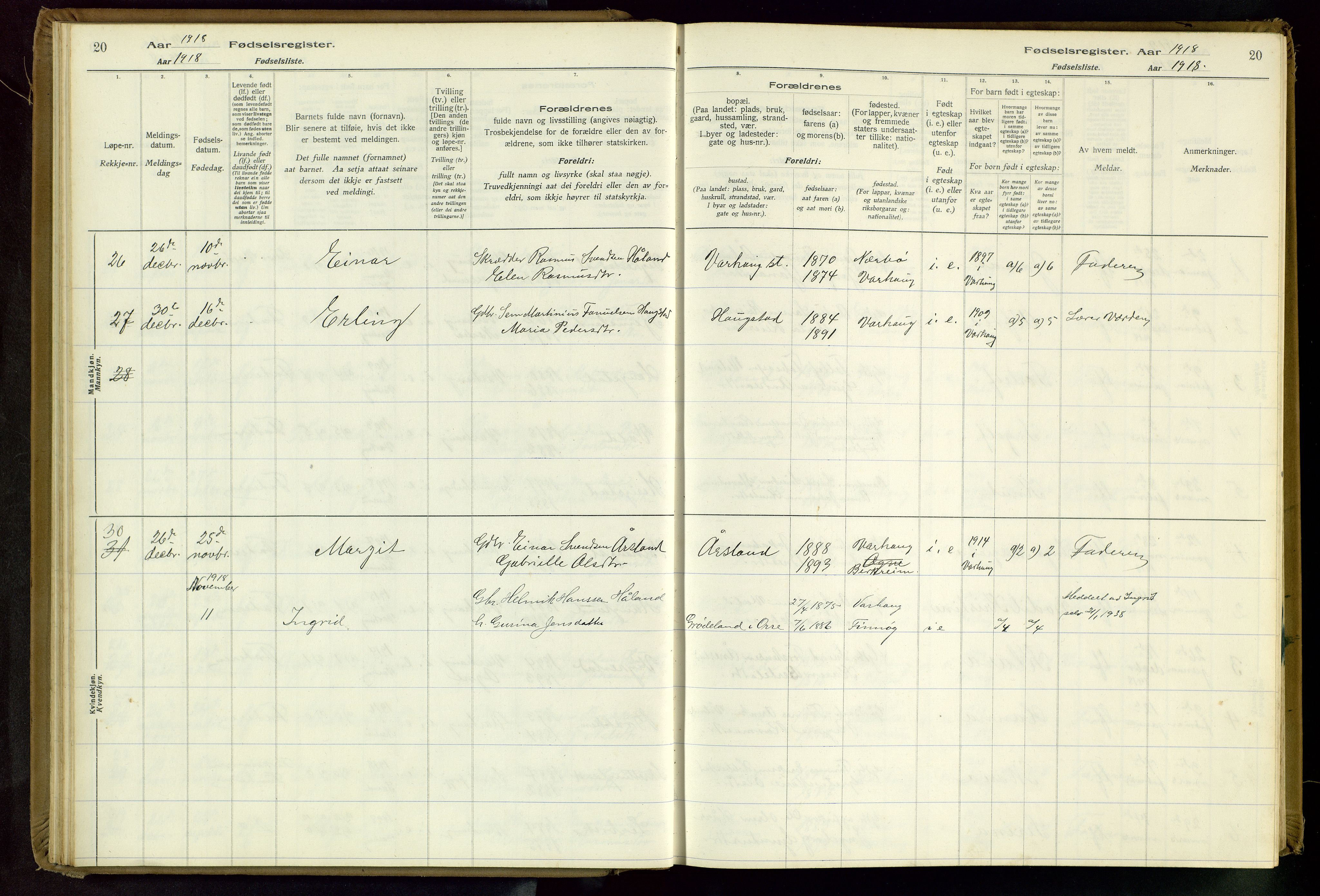 Hå sokneprestkontor, SAST/A-101801/001/704BA/L0001: Birth register no. 1, 1916-1944, p. 20