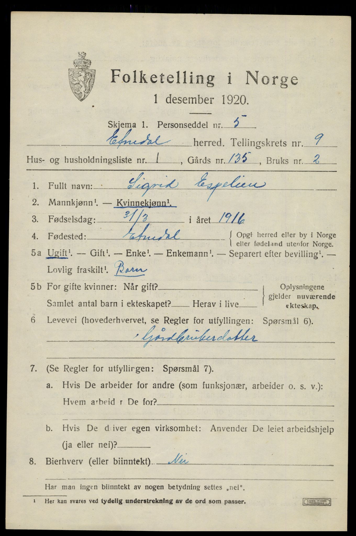 SAH, 1920 census for Etnedal, 1920, p. 3962