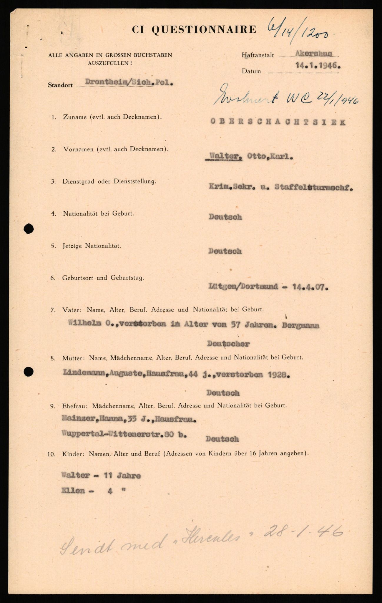 Forsvaret, Forsvarets overkommando II, RA/RAFA-3915/D/Db/L0024: CI Questionaires. Tyske okkupasjonsstyrker i Norge. Tyskere., 1945-1946, p. 407