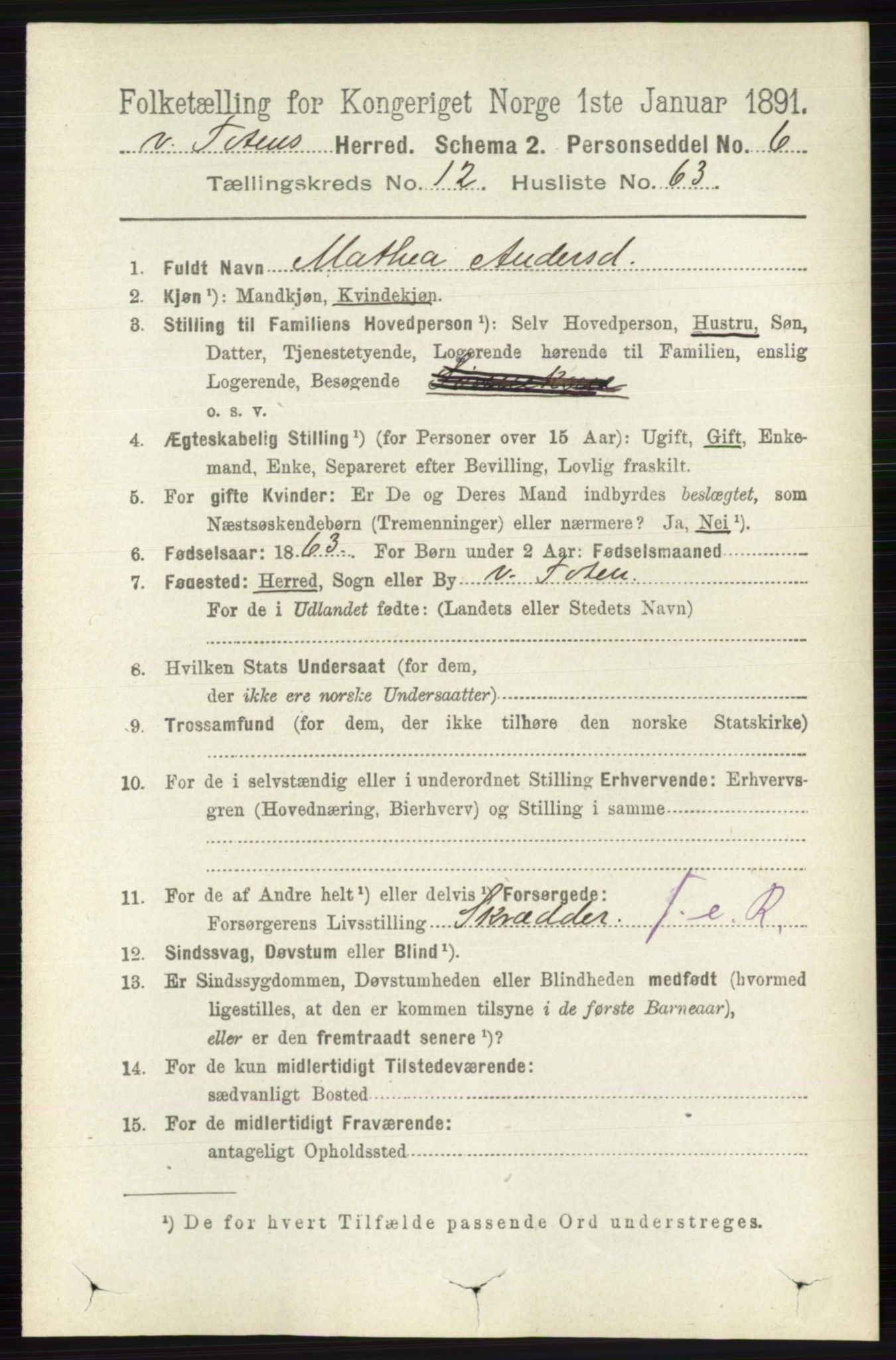 RA, 1891 census for 0529 Vestre Toten, 1891, p. 7642