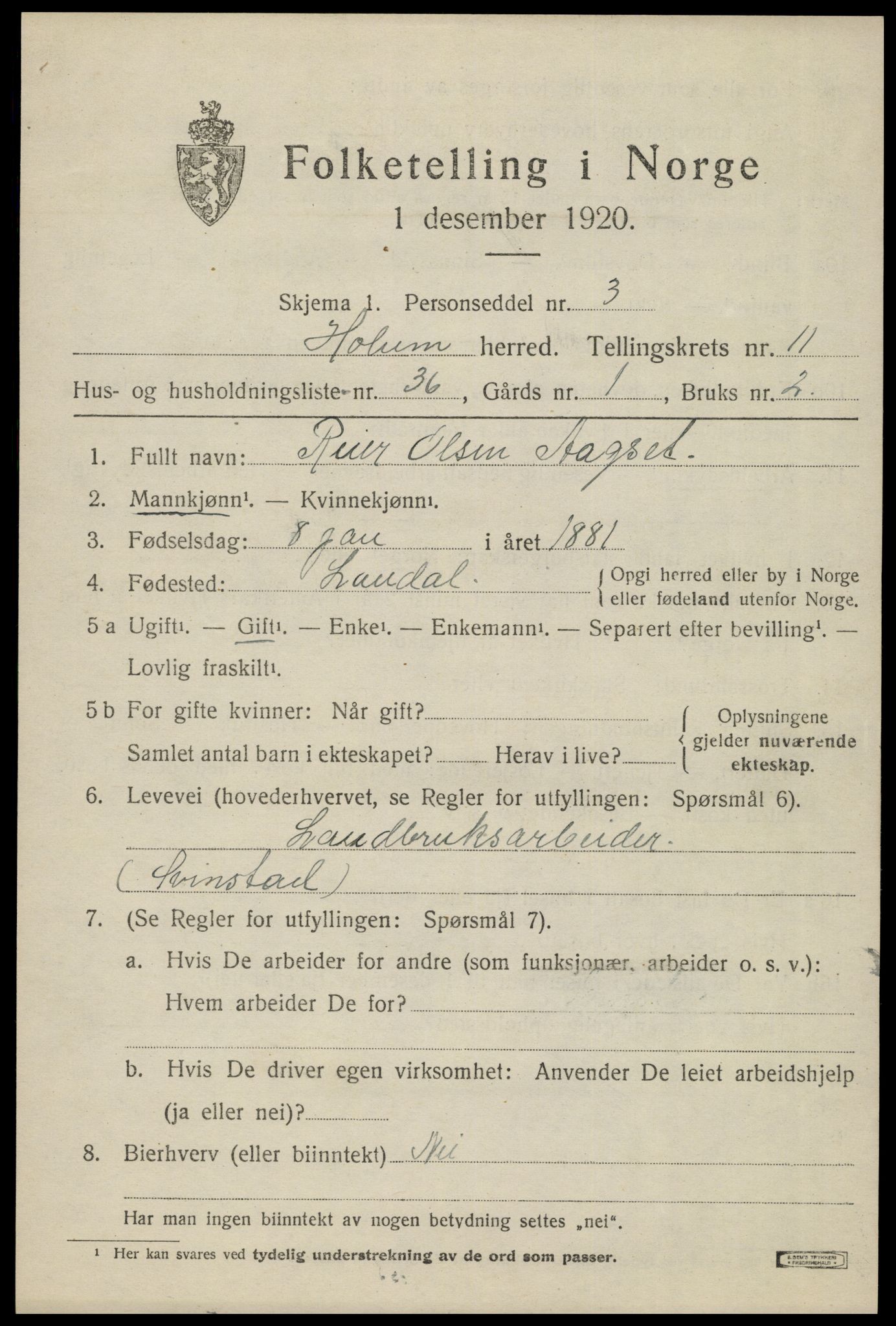 SAK, 1920 census for Holum, 1920, p. 3091