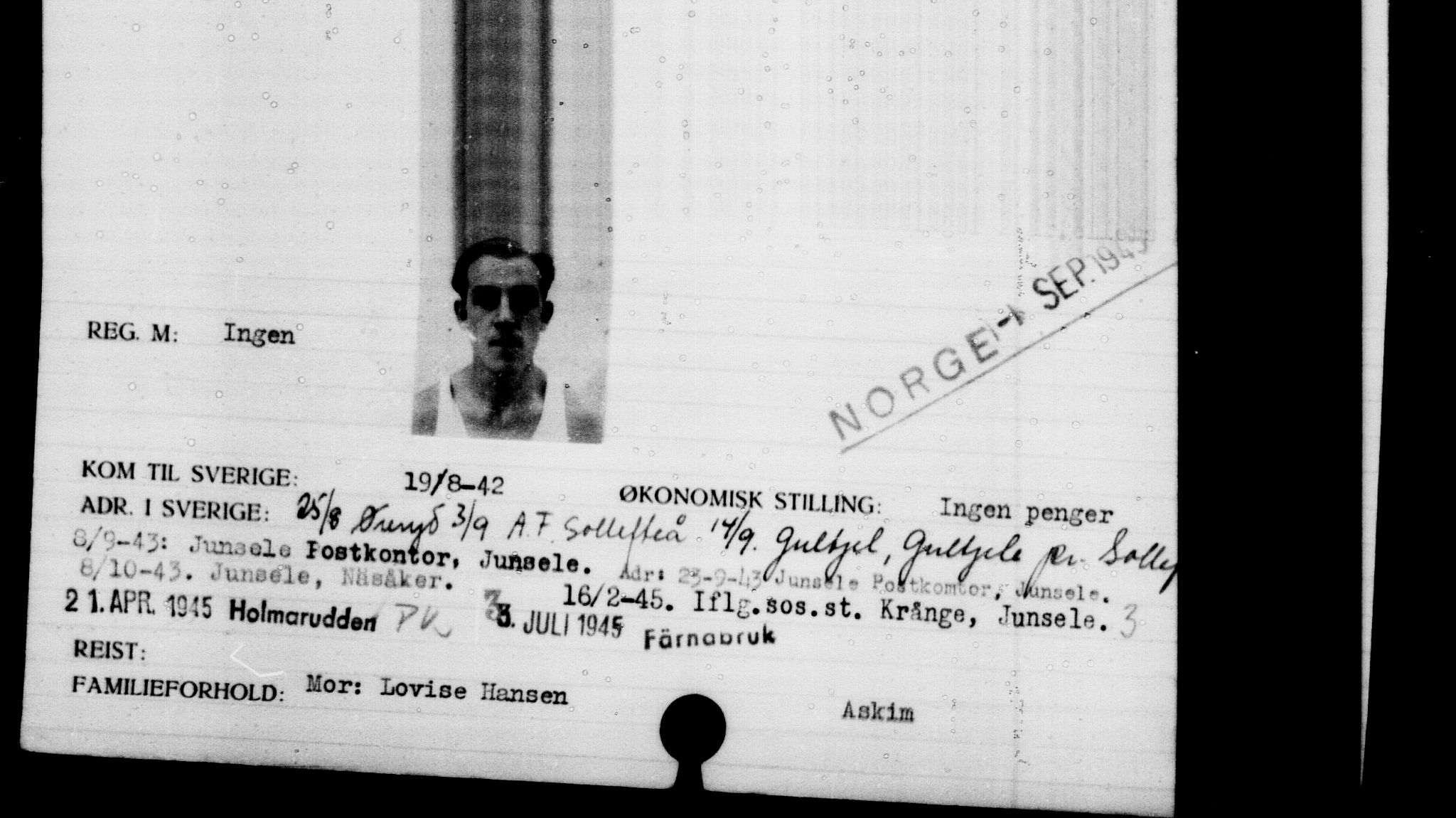Utenriksstasjonene, Legasjonen i Stockholm, Flyktningkontoret, AV/RA-S-6753/V/Va/L0005: Kjesäterkartoteket, flyktninger med registreringsnr. 6600-9417, 1940-1945, p. 23