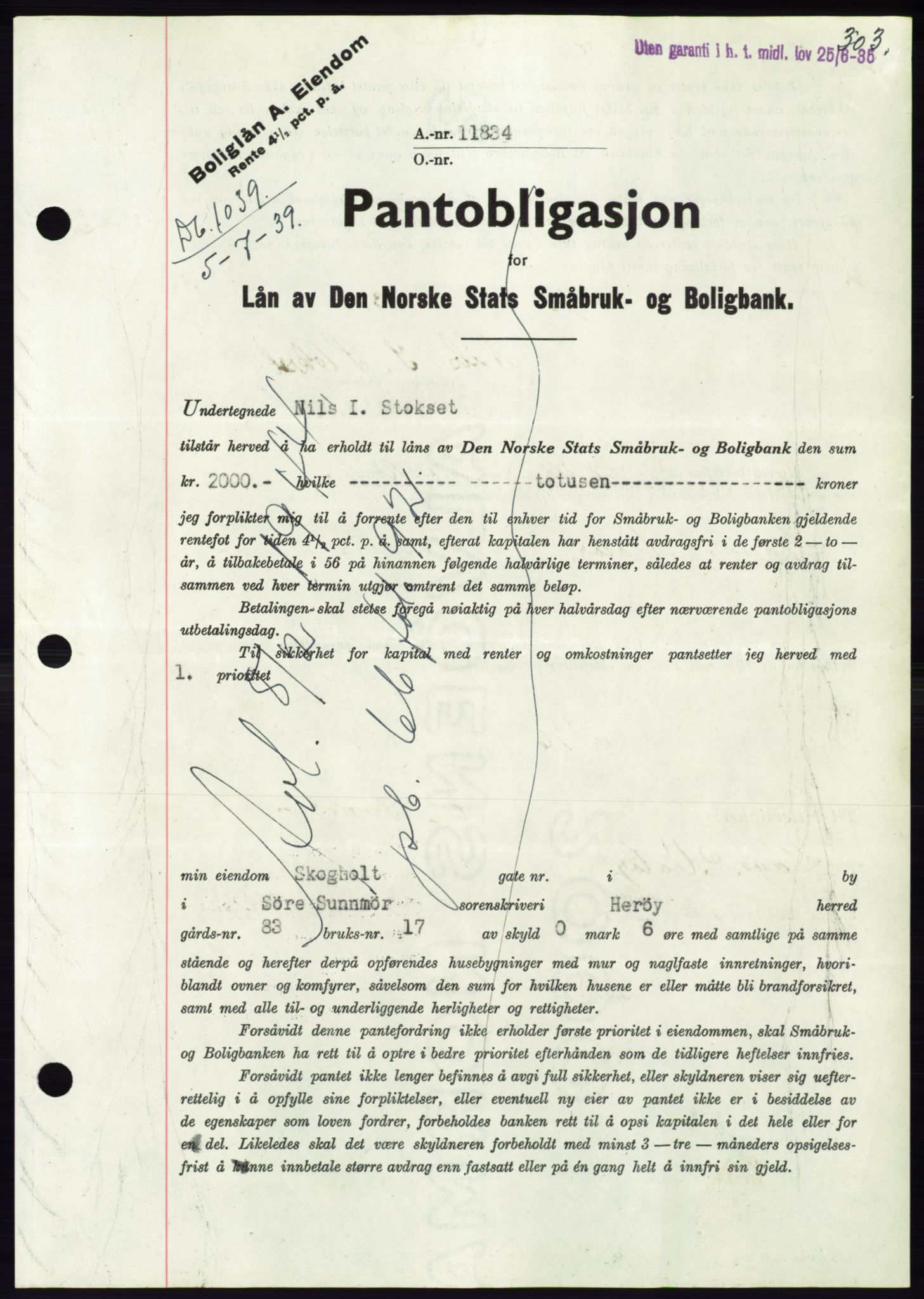 Søre Sunnmøre sorenskriveri, AV/SAT-A-4122/1/2/2C/L0068: Mortgage book no. 62, 1939-1939, Diary no: : 1039/1939