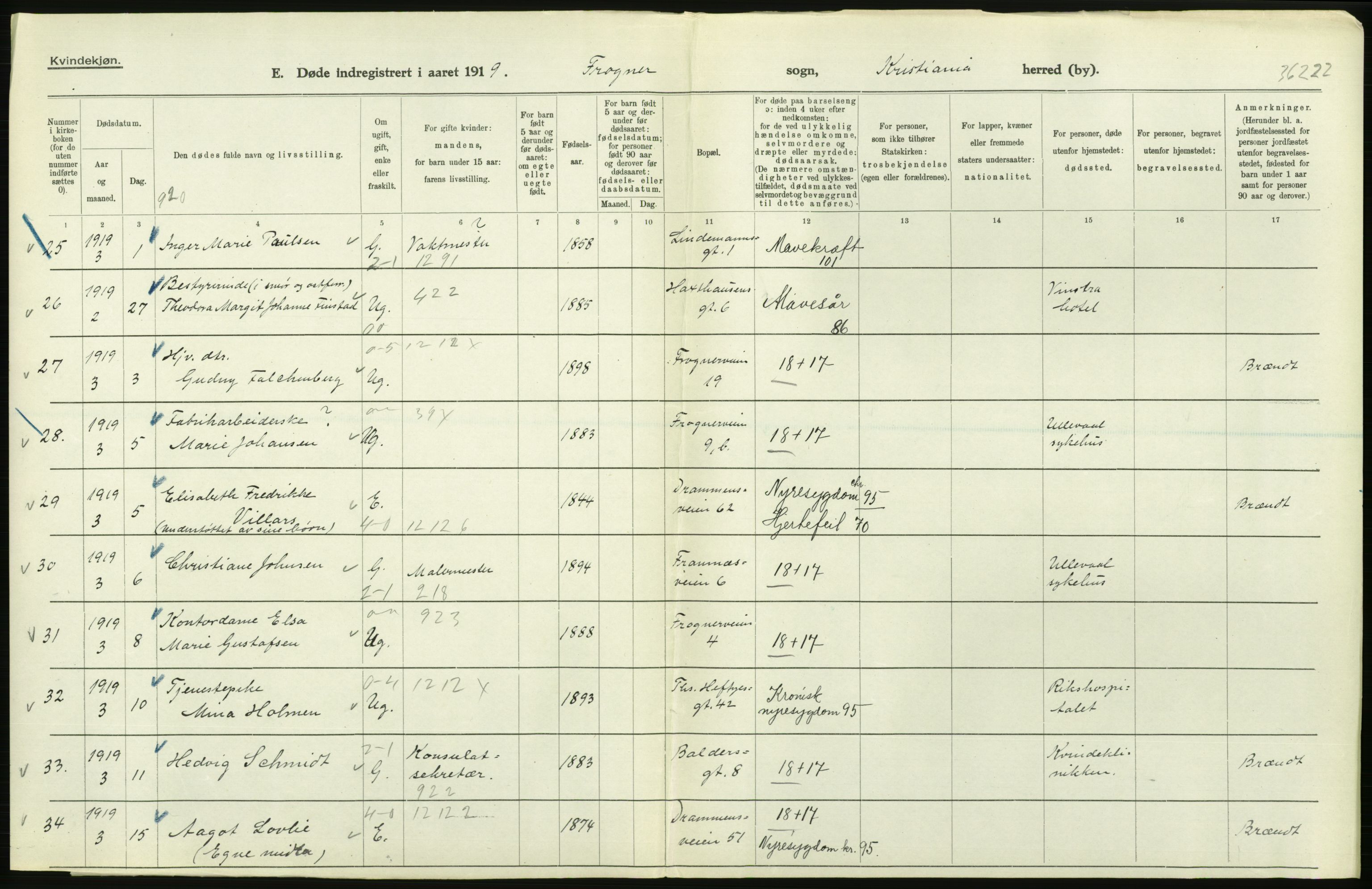 Statistisk sentralbyrå, Sosiodemografiske emner, Befolkning, AV/RA-S-2228/D/Df/Dfb/Dfbi/L0011: Kristiania: Døde, dødfødte, 1919