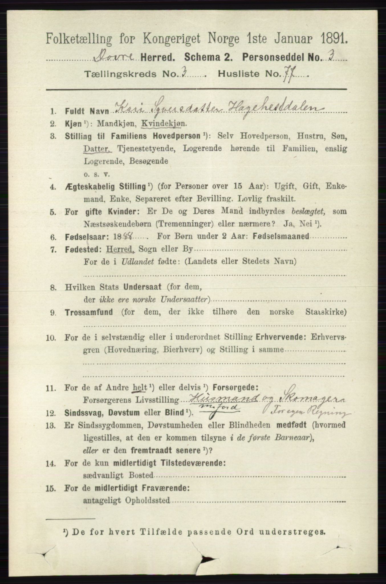 RA, 1891 census for 0511 Dovre, 1891, p. 1806