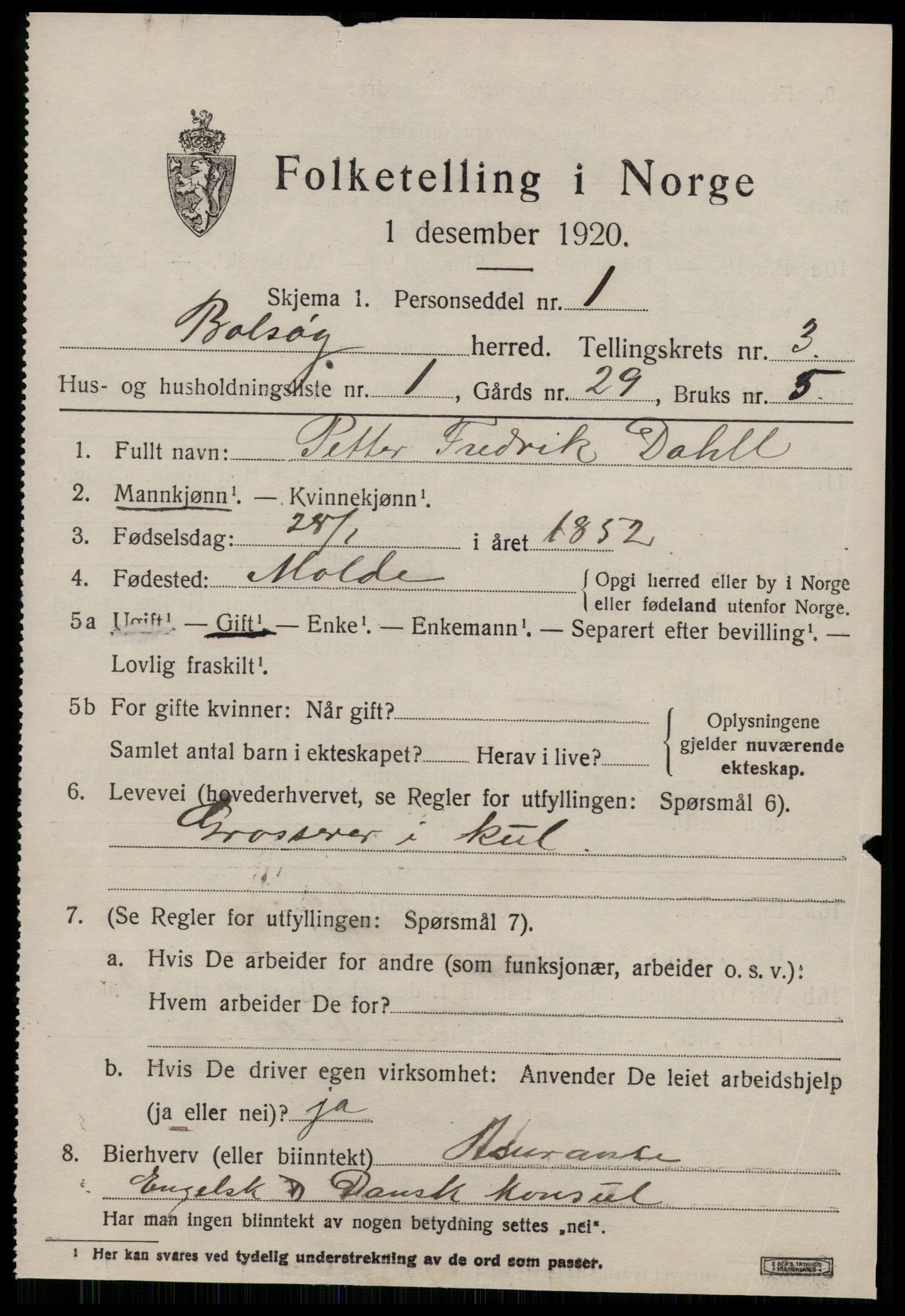 SAT, 1920 census for Bolsøy, 1920, p. 5335