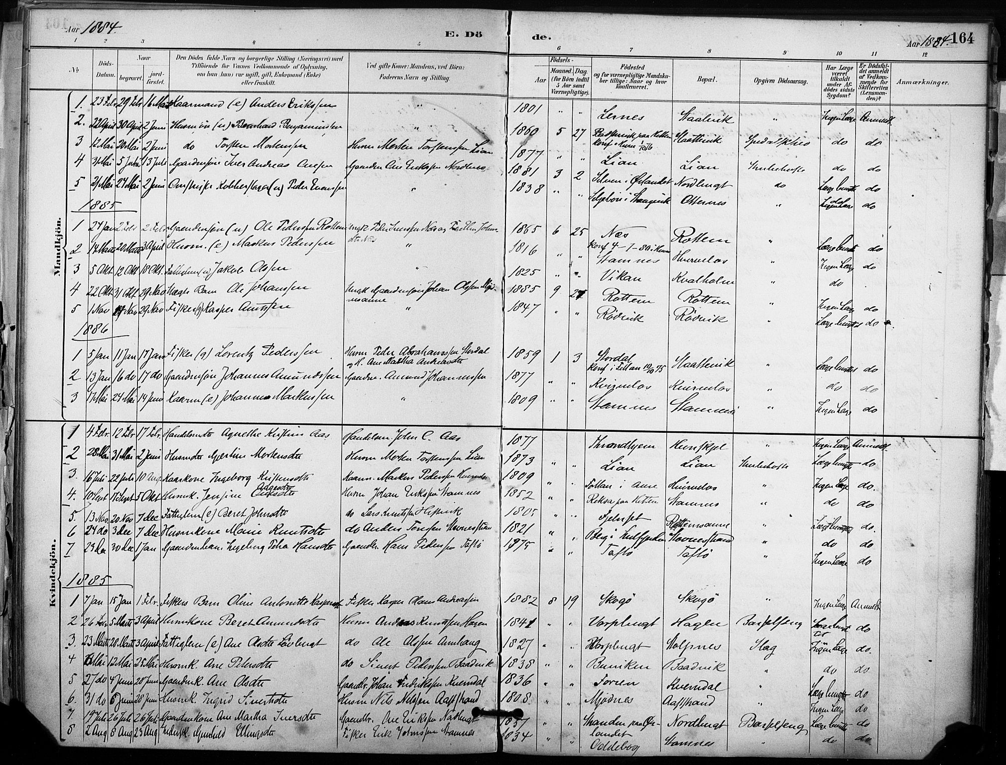 Ministerialprotokoller, klokkerbøker og fødselsregistre - Sør-Trøndelag, SAT/A-1456/633/L0518: Parish register (official) no. 633A01, 1884-1906, p. 164
