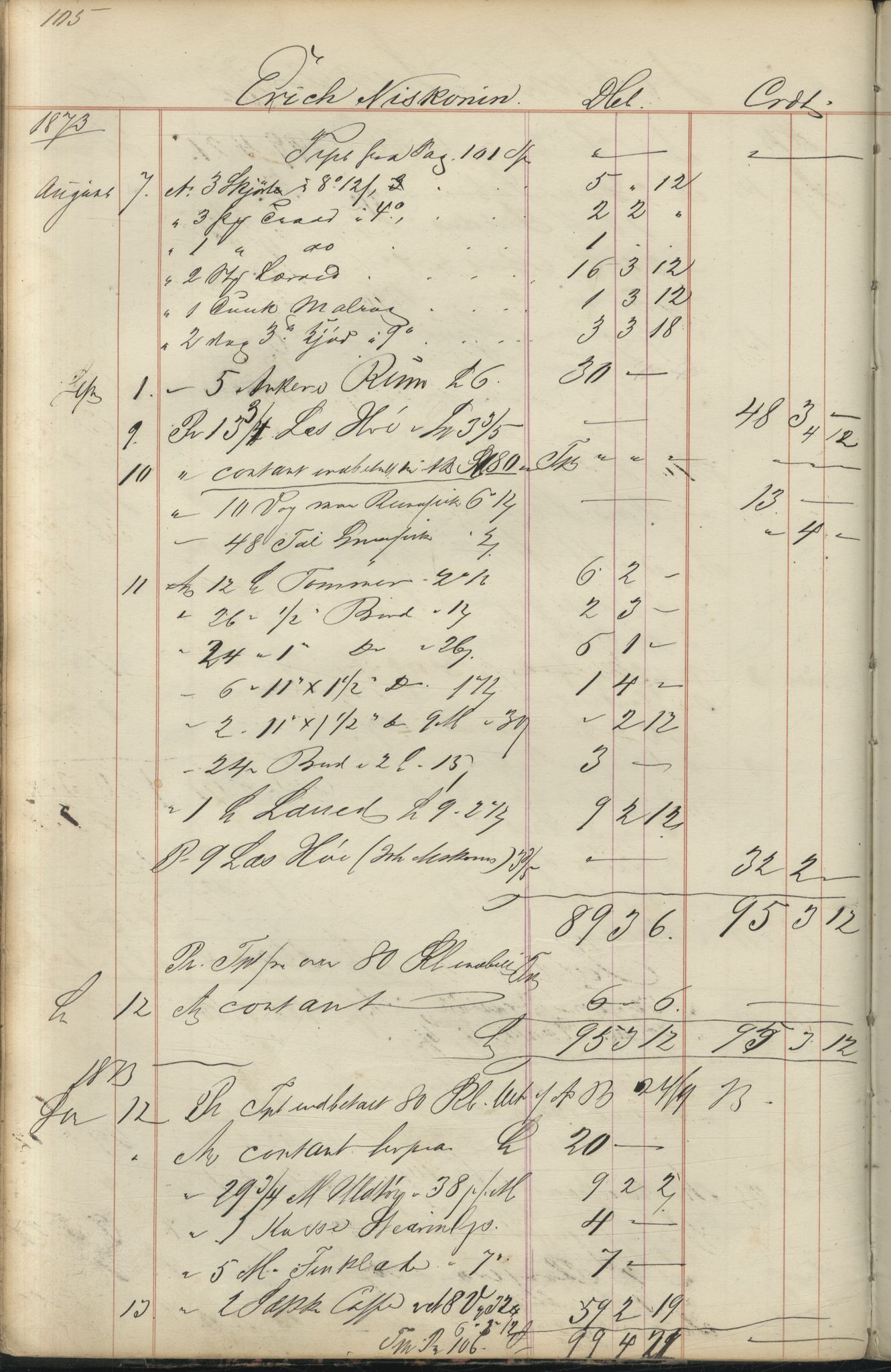 Brodtkorb handel A/S, VAMU/A-0001/F/Fc/L0001/0001: Konto for kvener og nordmenn på Kolahalvøya  / Conto for Kvæner og Nordmænd paa Russefinmarken No 1, 1868-1894, p. 105