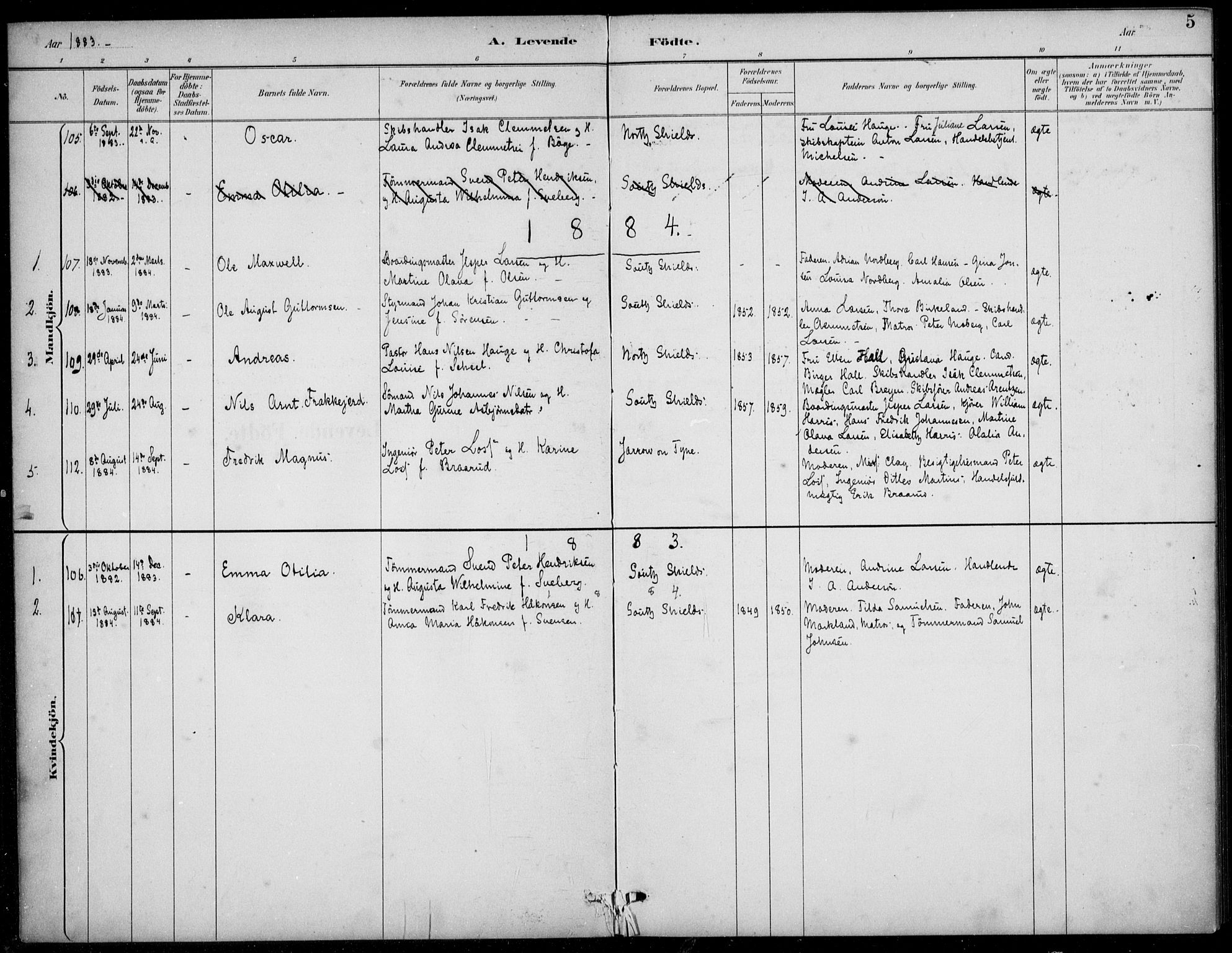 Den norske sjømannsmisjon i utlandet/Tyne-havnene (North Shields og New Castle), SAB/SAB/PA-0101/H/Ha/L0002: Parish register (official) no. A 2, 1883-1938, p. 5