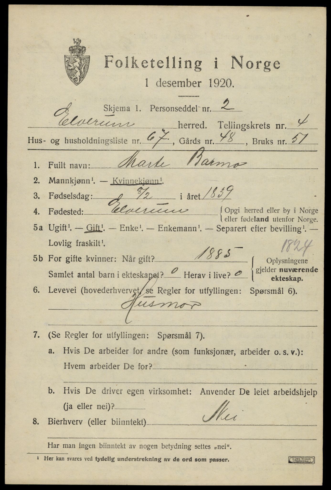 SAH, 1920 census for Elverum, 1920, p. 7484