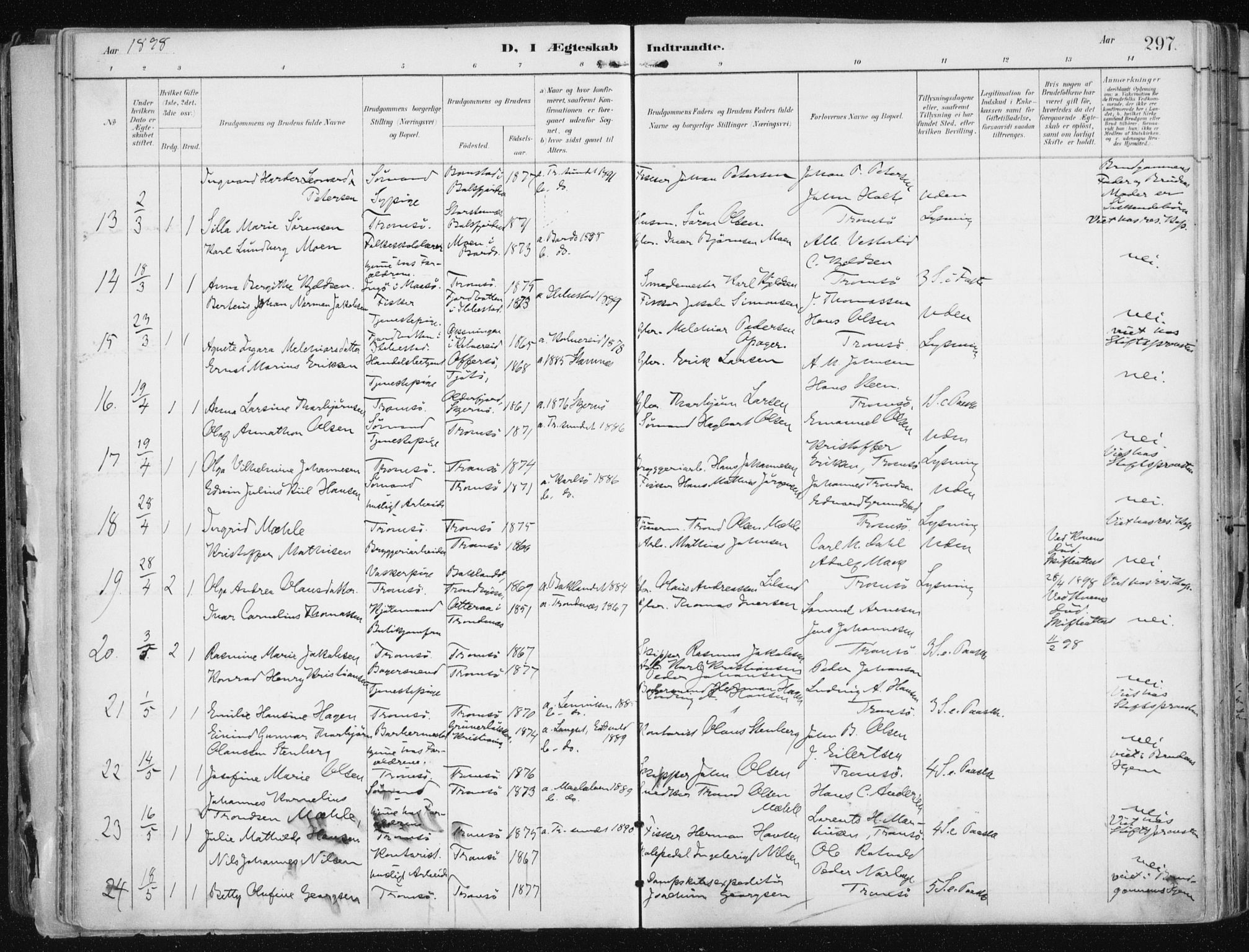 Tromsø sokneprestkontor/stiftsprosti/domprosti, SATØ/S-1343/G/Ga/L0015kirke: Parish register (official) no. 15, 1889-1899, p. 297