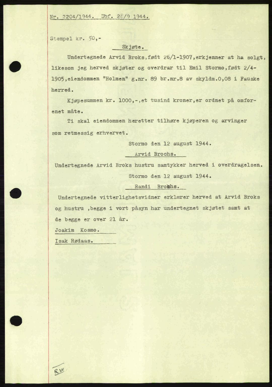 Salten sorenskriveri, SAT/A-4578/1/2/2C: Mortgage book no. A14-15, 1943-1945, Diary no: : 2204/1944