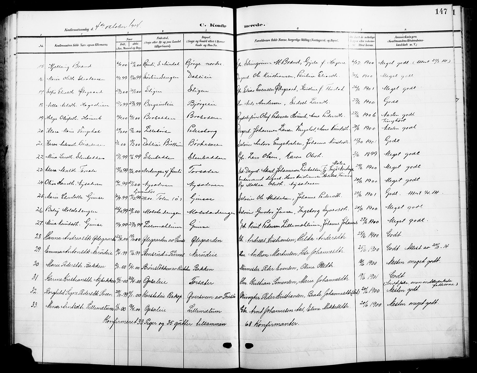 Ringsaker prestekontor, SAH/PREST-014/L/La/L0017: Parish register (copy) no. 17, 1905-1920, p. 147