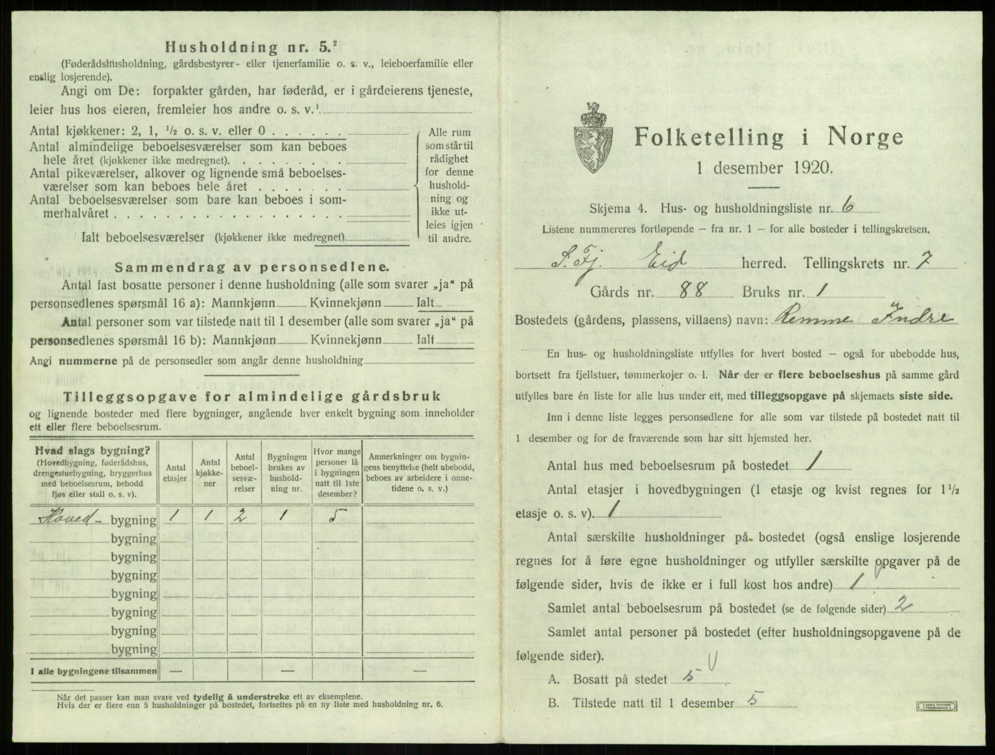 SAB, 1920 census for Eid, 1920, p. 433