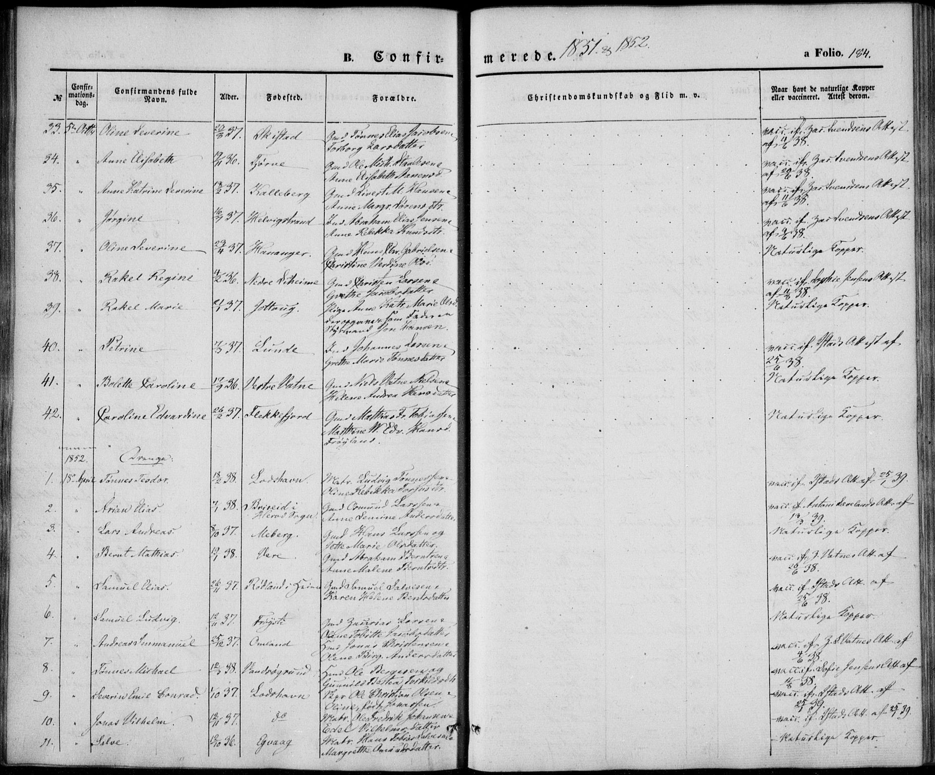 Lista sokneprestkontor, AV/SAK-1111-0027/F/Fb/L0002: Parish register (copy) no. B 2, 1847-1862, p. 184