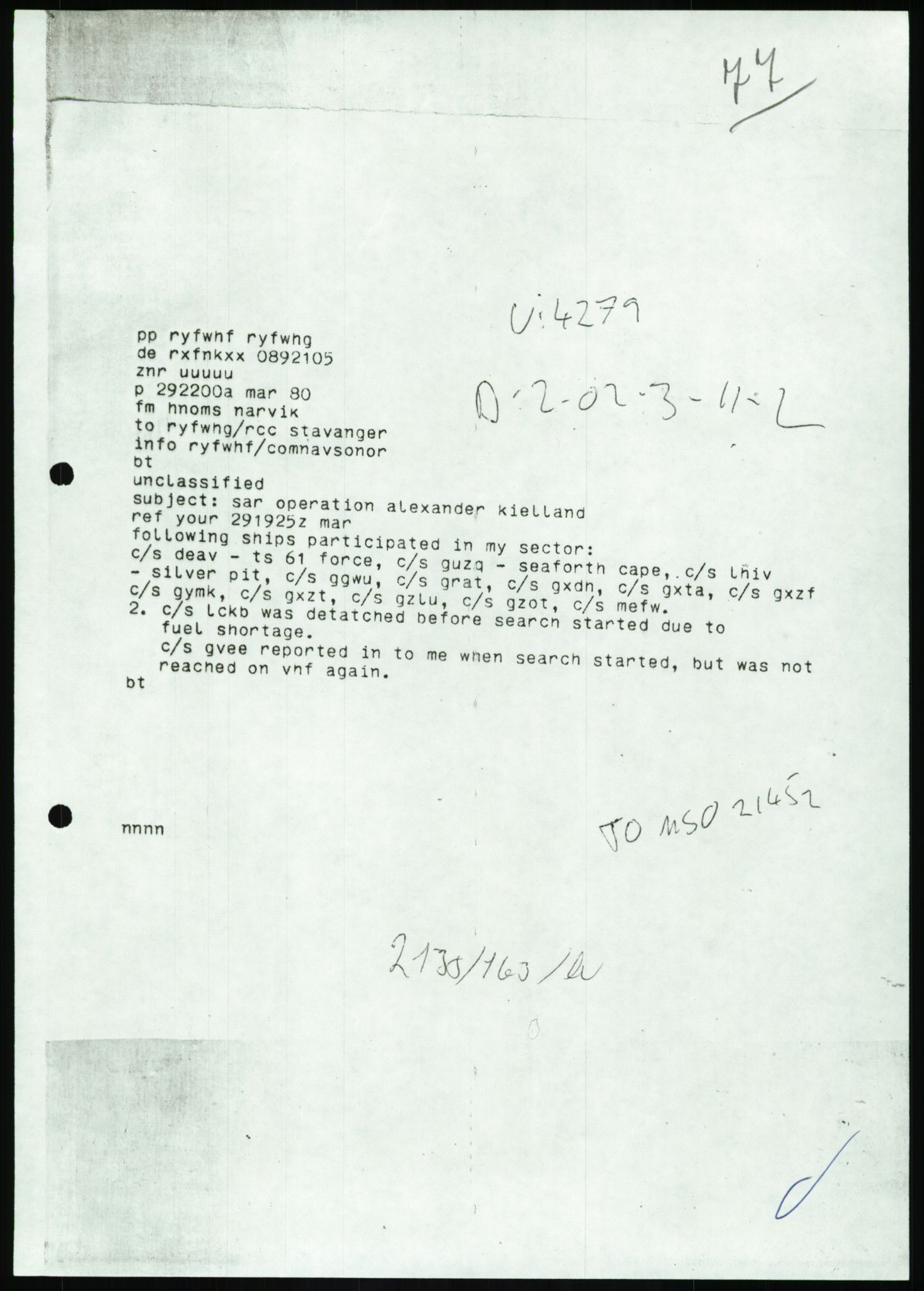 Justisdepartementet, Granskningskommisjonen ved Alexander Kielland-ulykken 27.3.1980, AV/RA-S-1165/D/L0017: P Hjelpefartøy (Doku.liste + P1-P6 av 6)/Q Hovedredningssentralen (Q0-Q27 av 27), 1980-1981, p. 226