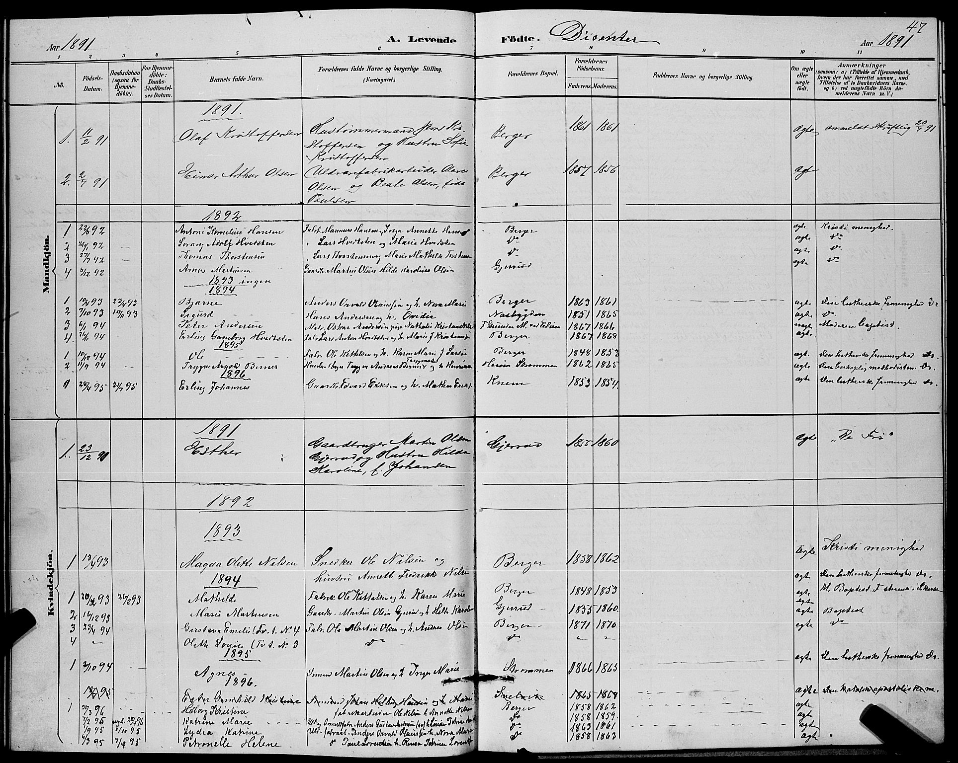 Strømm kirkebøker, AV/SAKO-A-322/G/Ga/L0003: Parish register (copy) no. I 3, 1889-1896, p. 47