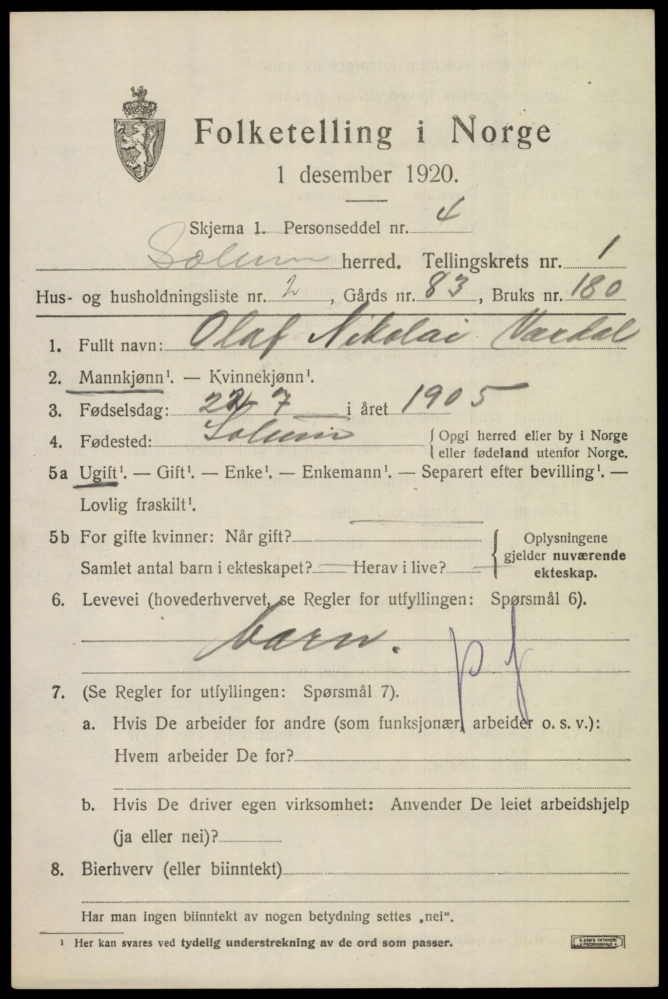 SAKO, 1920 census for Solum, 1920, p. 2262