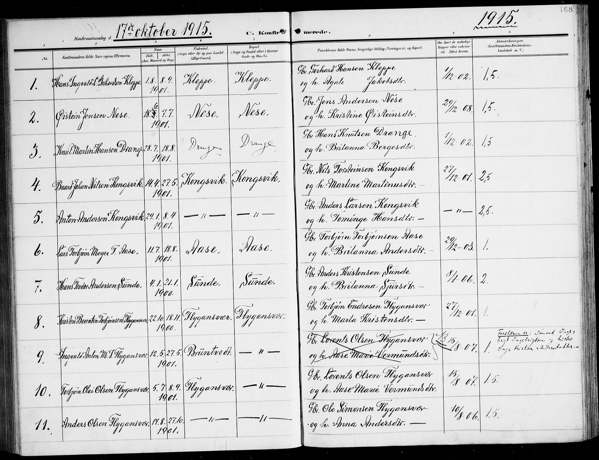 Tysnes sokneprestembete, AV/SAB-A-78601/H/Haa: Parish register (official) no. D 2, 1905-1922, p. 168