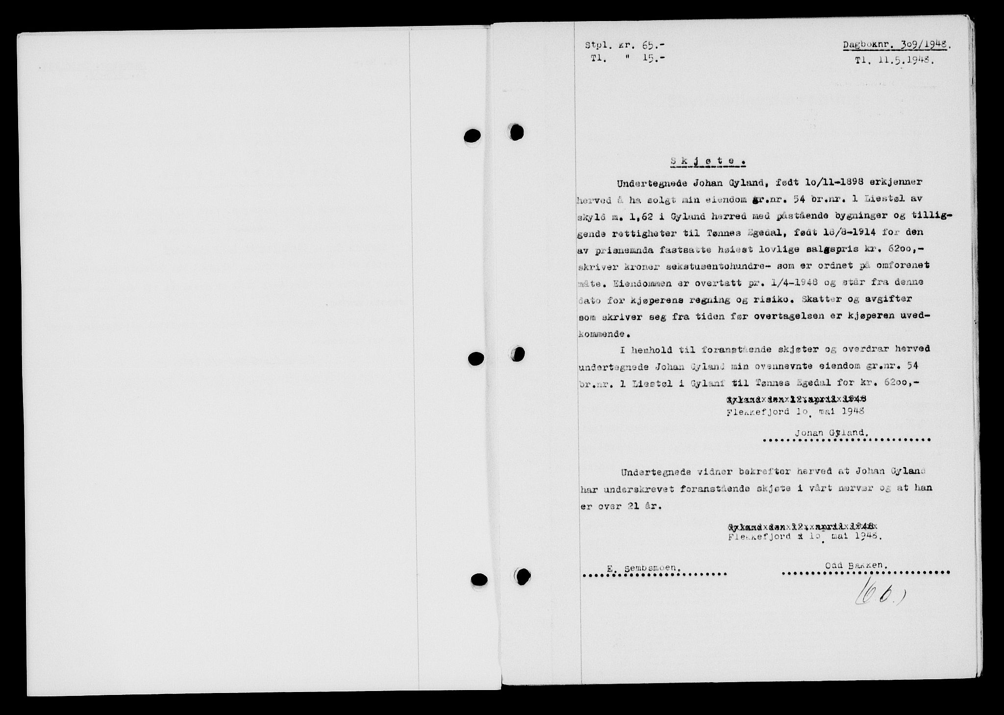 Flekkefjord sorenskriveri, SAK/1221-0001/G/Gb/Gba/L0063: Mortgage book no. A-11, 1947-1948, Diary no: : 309/1948