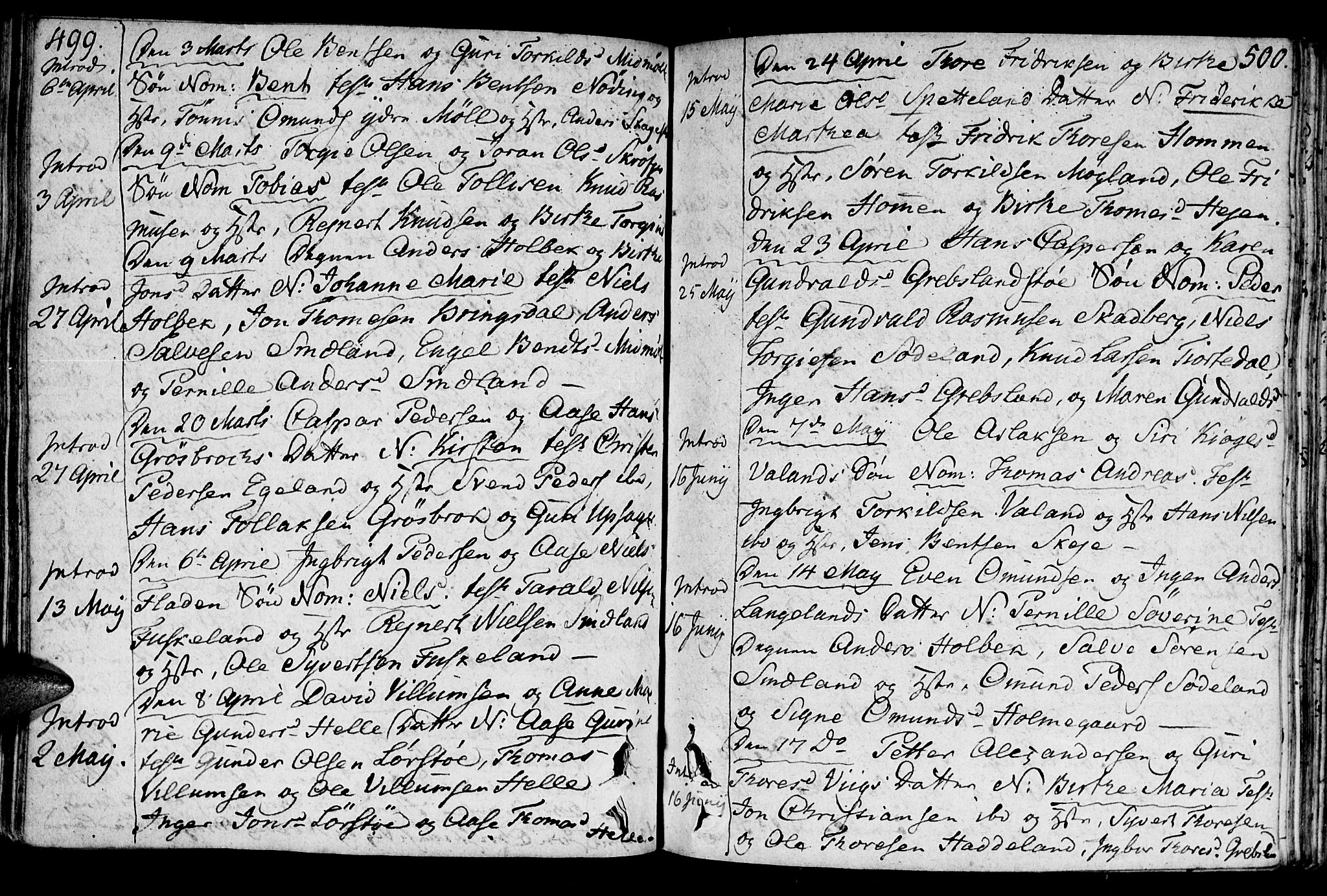 Holum sokneprestkontor, SAK/1111-0022/F/Fa/Faa/L0003: Parish register (official) no. A 3, 1780-1821, p. 499-500
