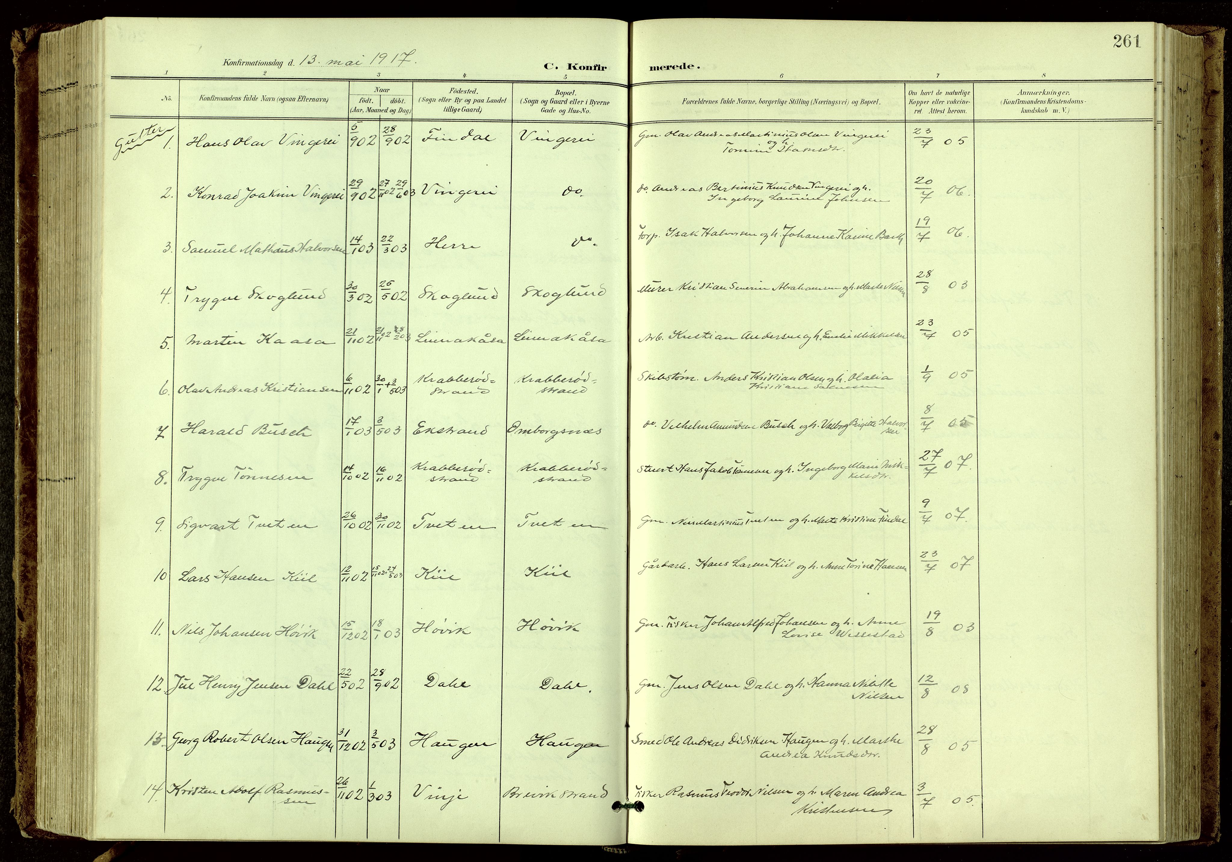 Bamble kirkebøker, SAKO/A-253/G/Ga/L0010: Parish register (copy) no. I 10, 1901-1919, p. 261
