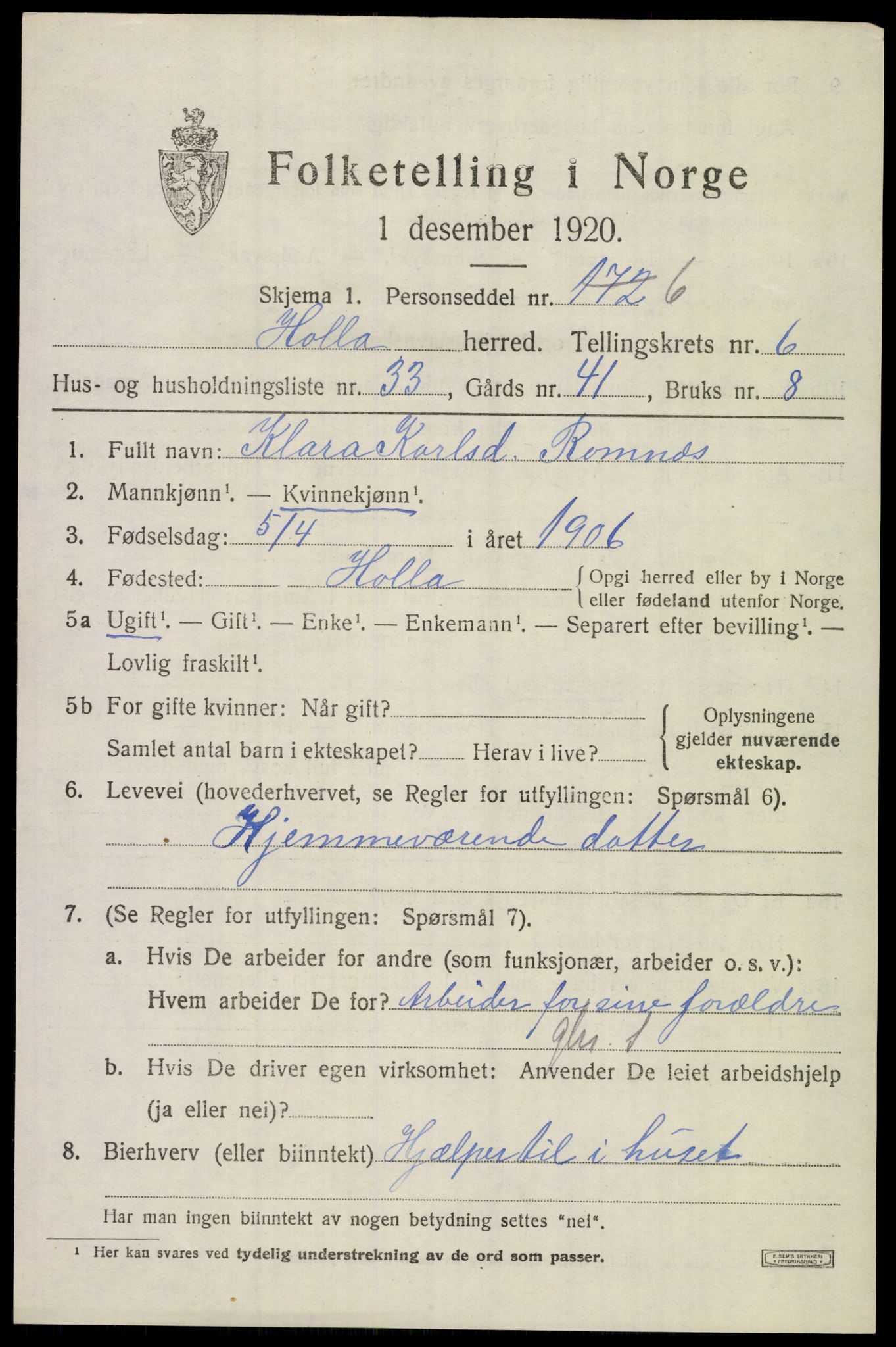 SAKO, 1920 census for Holla, 1920, p. 4751