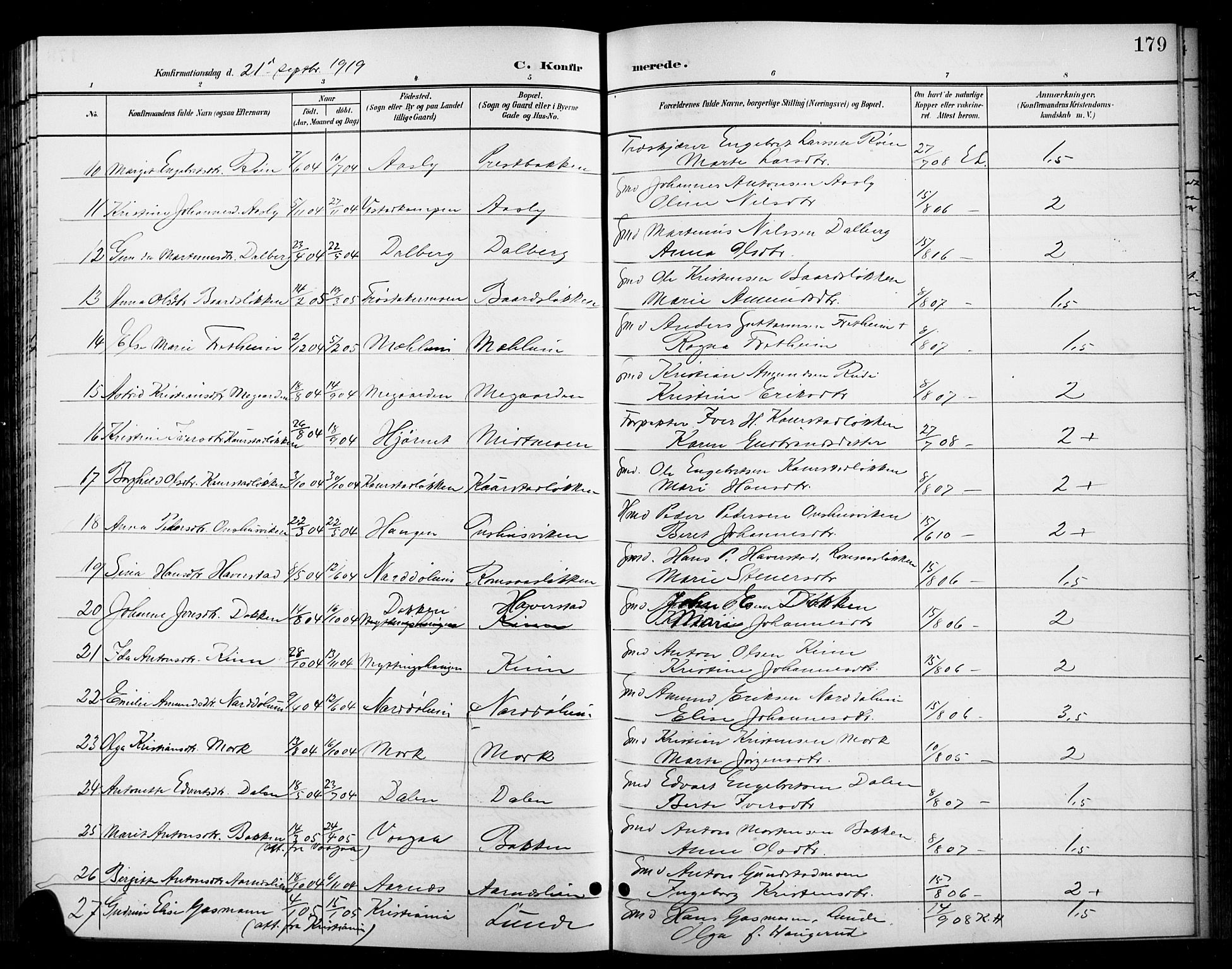 Ringebu prestekontor, AV/SAH-PREST-082/H/Ha/Hab/L0009: Parish register (copy) no. 9, 1899-1921, p. 179