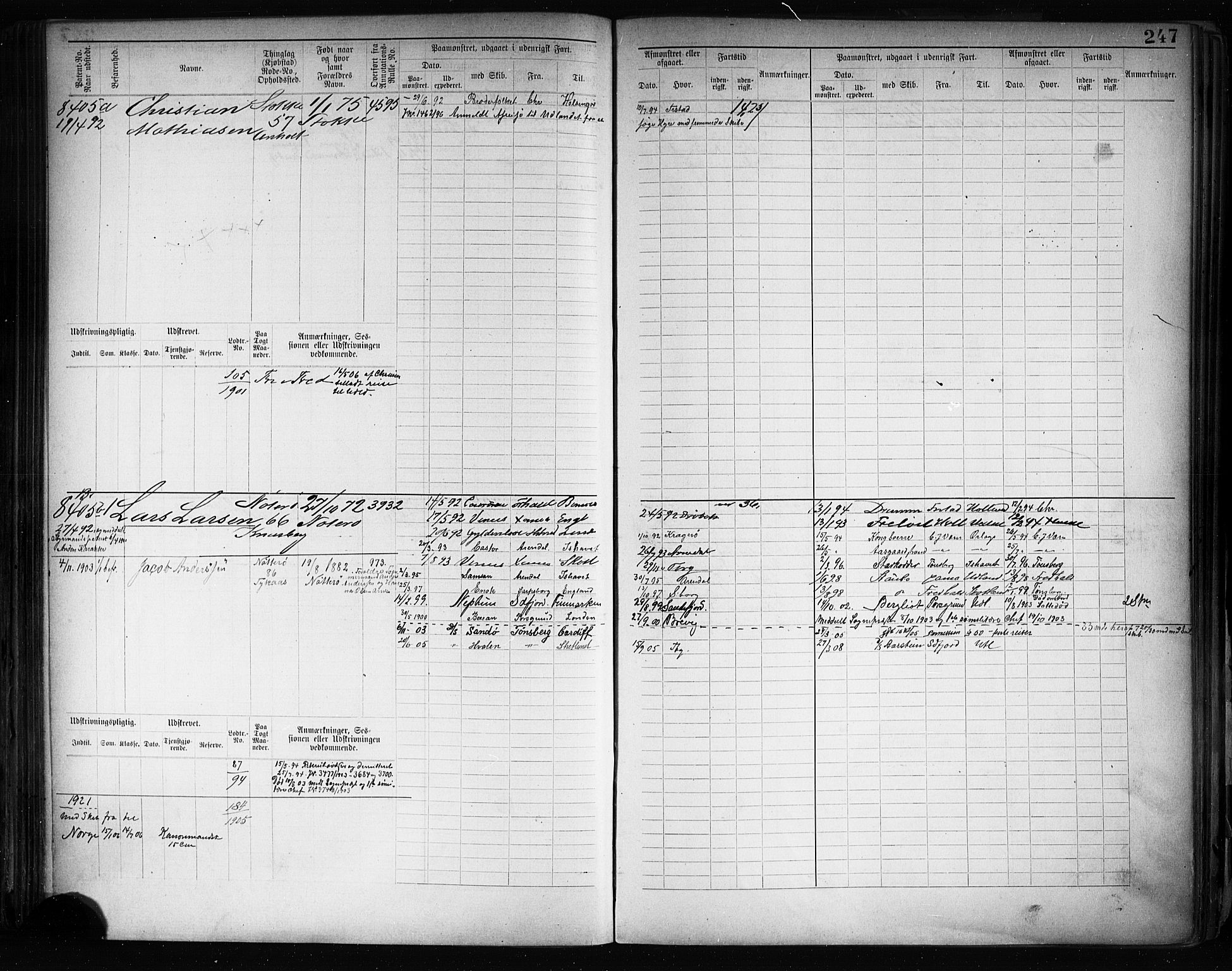 Tønsberg innrulleringskontor, AV/SAKO-A-786/F/Fc/Fcb/L0008: Hovedrulle Patent nr. 7907-9042, 1889-1900, p. 252