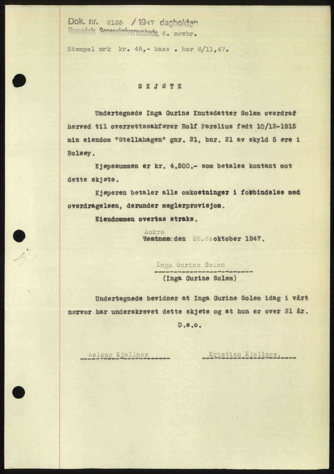 Romsdal sorenskriveri, AV/SAT-A-4149/1/2/2C: Mortgage book no. A24, 1947-1947, Diary no: : 2153/1947