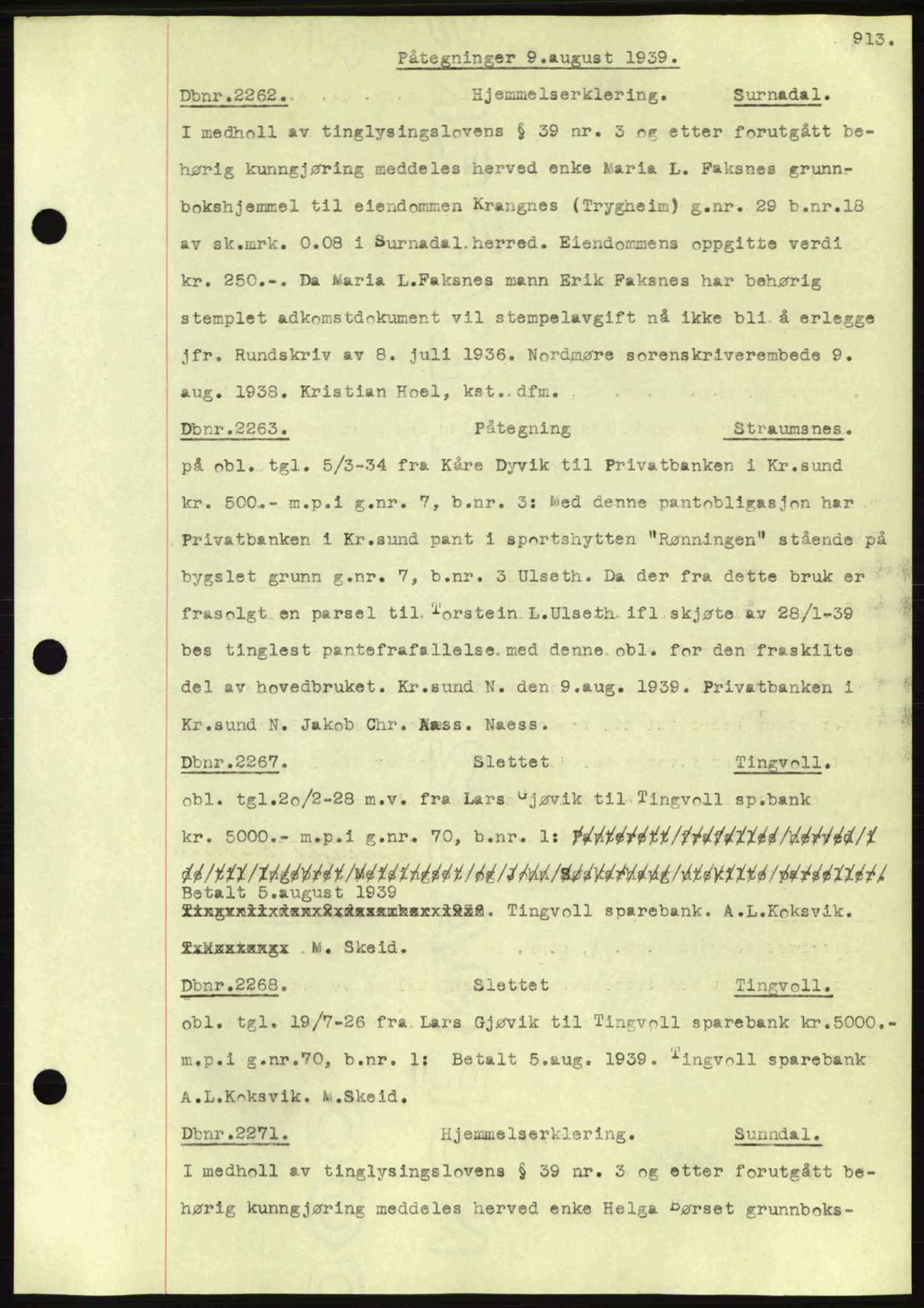 Nordmøre sorenskriveri, AV/SAT-A-4132/1/2/2Ca: Mortgage book no. C80, 1936-1939, Diary no: : 2262/1939