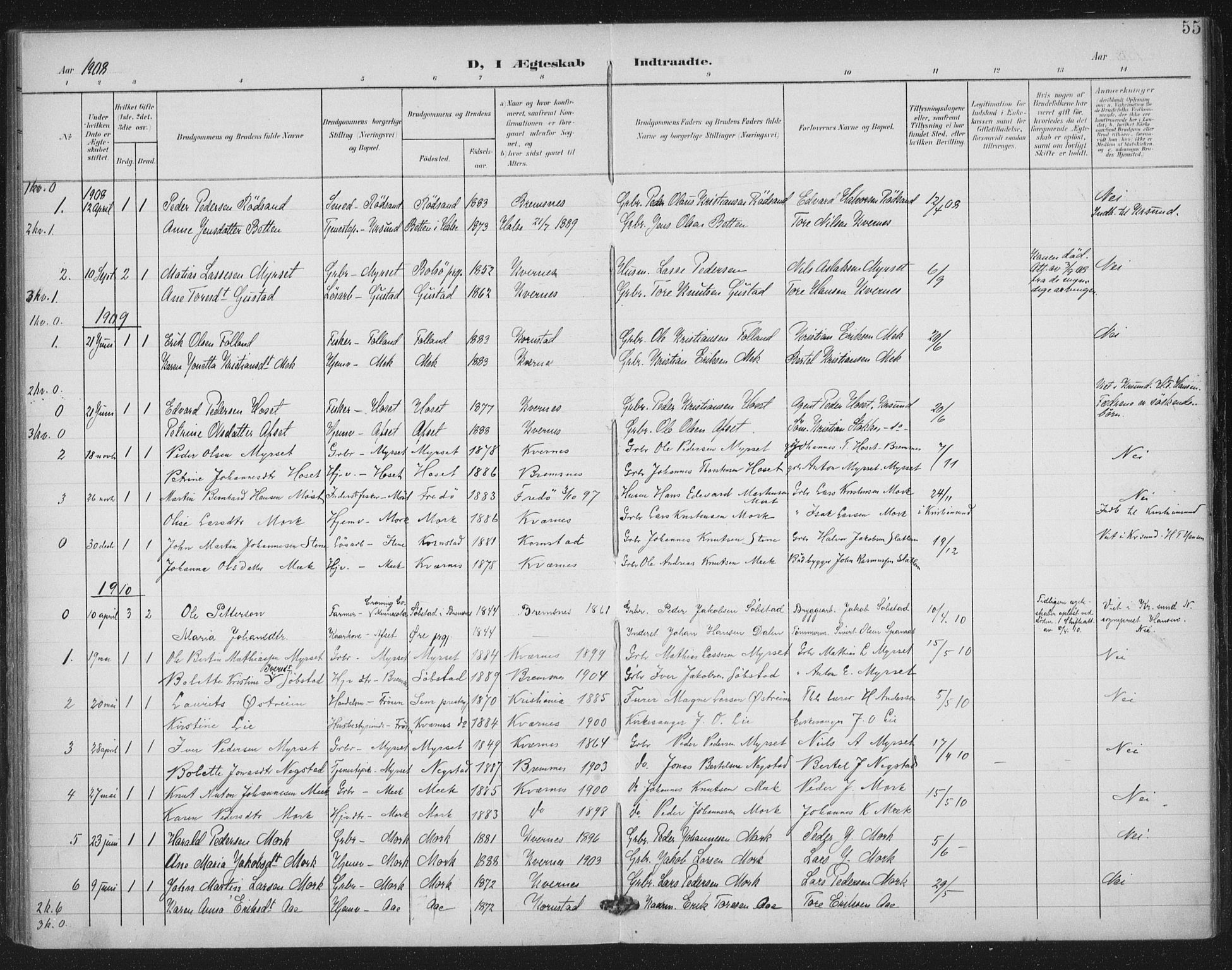 Ministerialprotokoller, klokkerbøker og fødselsregistre - Møre og Romsdal, SAT/A-1454/568/L0810: Parish register (official) no. 568A14, 1901-1915, p. 55