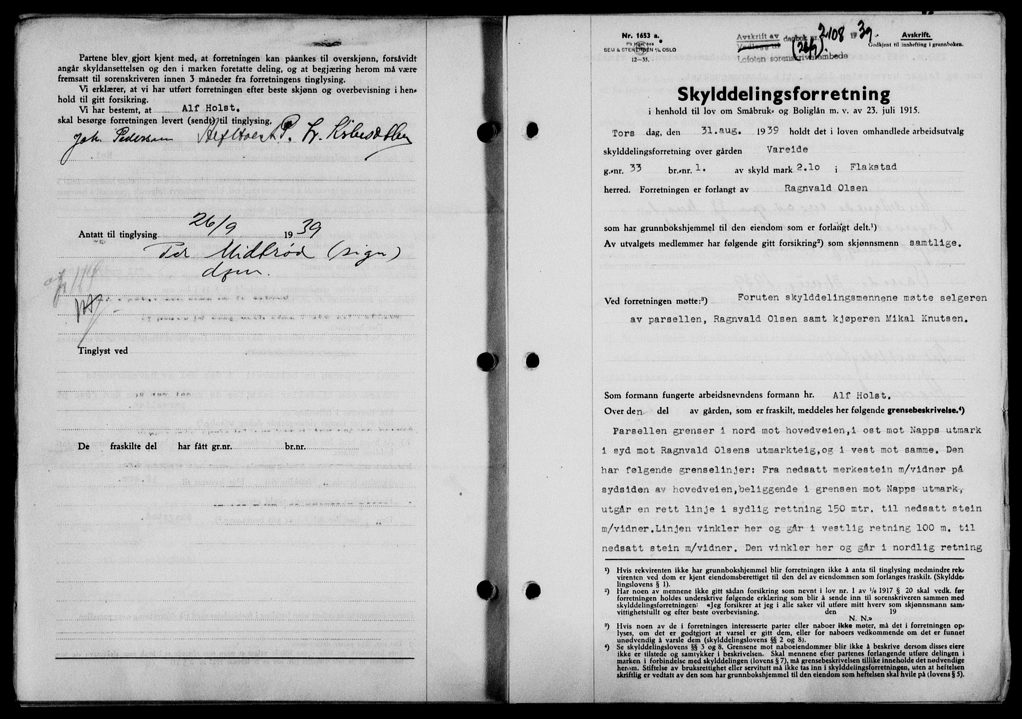 Lofoten sorenskriveri, SAT/A-0017/1/2/2C/L0006a: Mortgage book no. 6a, 1939-1939, Diary no: : 2108/1939