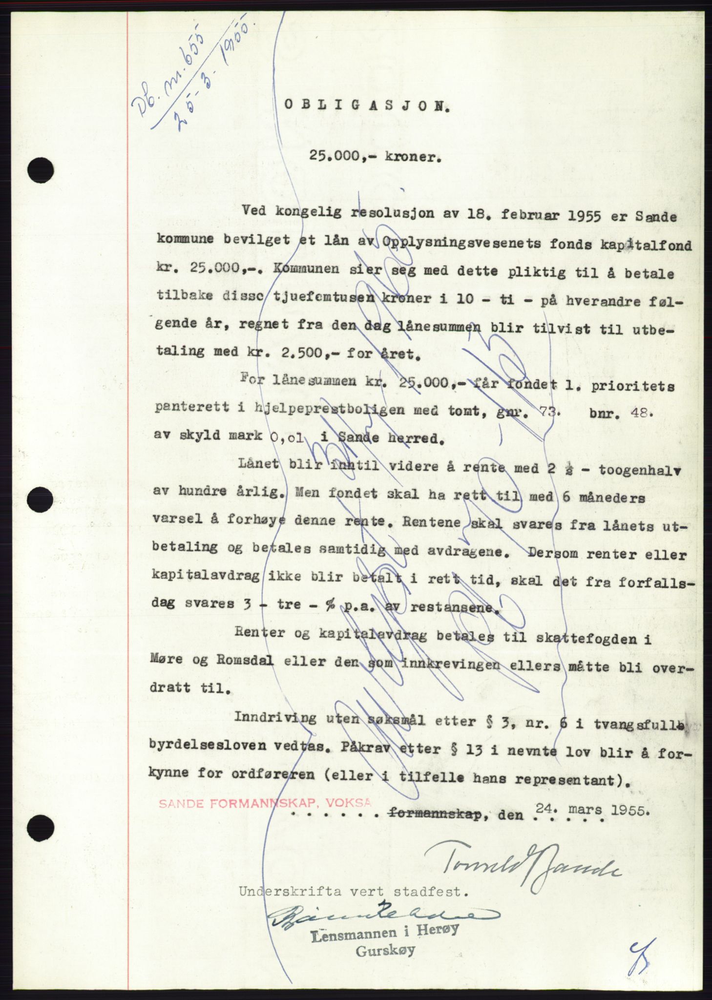 Søre Sunnmøre sorenskriveri, AV/SAT-A-4122/1/2/2C/L0126: Mortgage book no. 14B, 1954-1955, Diary no: : 655/1955