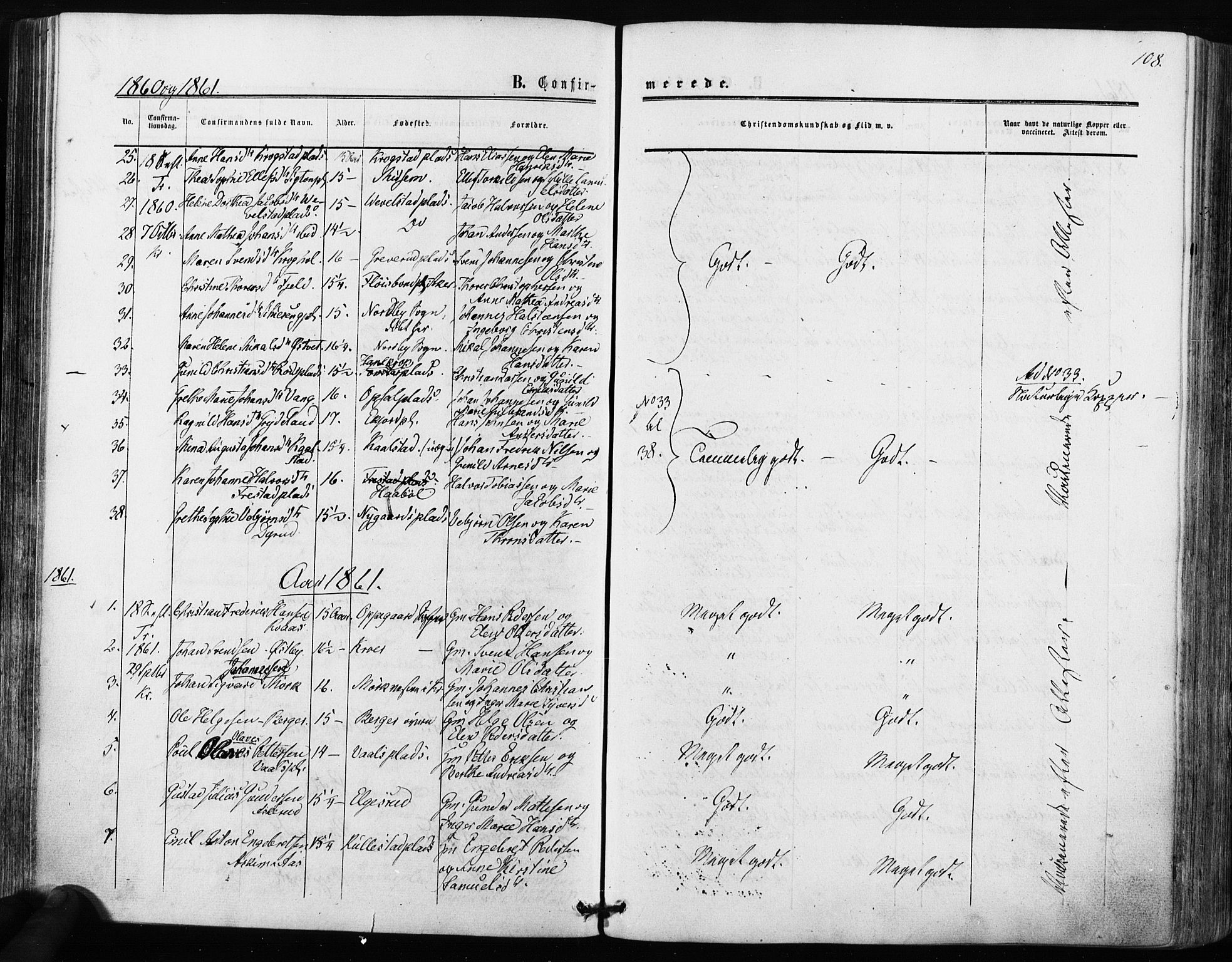 Kråkstad prestekontor Kirkebøker, SAO/A-10125a/F/Fa/L0007: Parish register (official) no. I 7, 1858-1870, p. 108