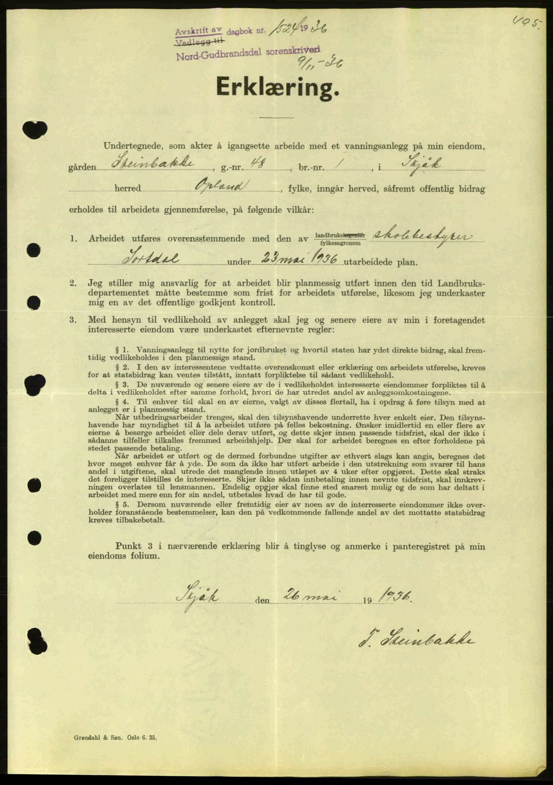 Nord-Gudbrandsdal tingrett, SAH/TING-002/H/Hb/Hbc/L0001: Mortgage book no. B47-B49, 1936-1939, Diary no: : 1524/1936