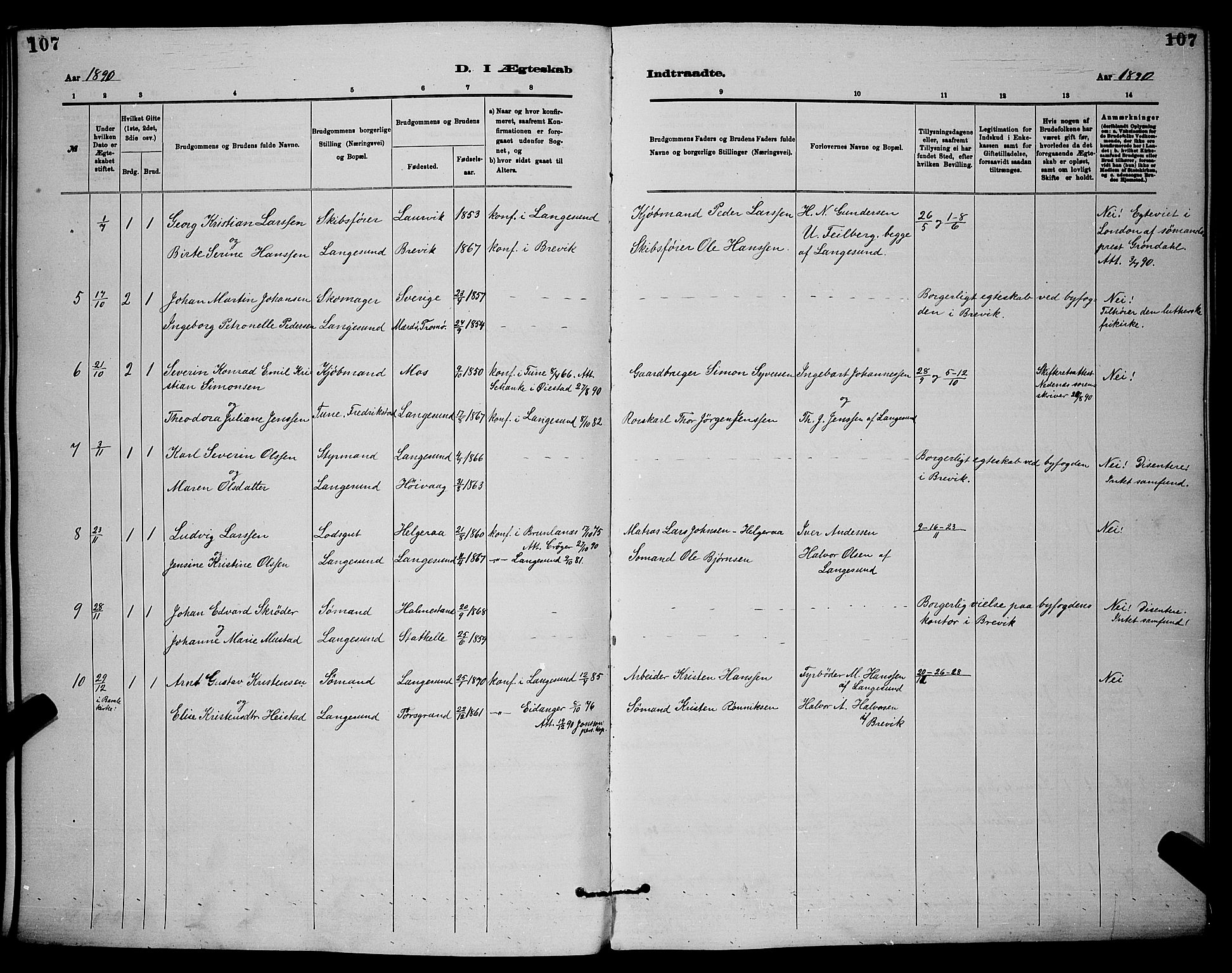 Langesund kirkebøker, SAKO/A-280/G/Ga/L0005: Parish register (copy) no. 5, 1884-1898, p. 107