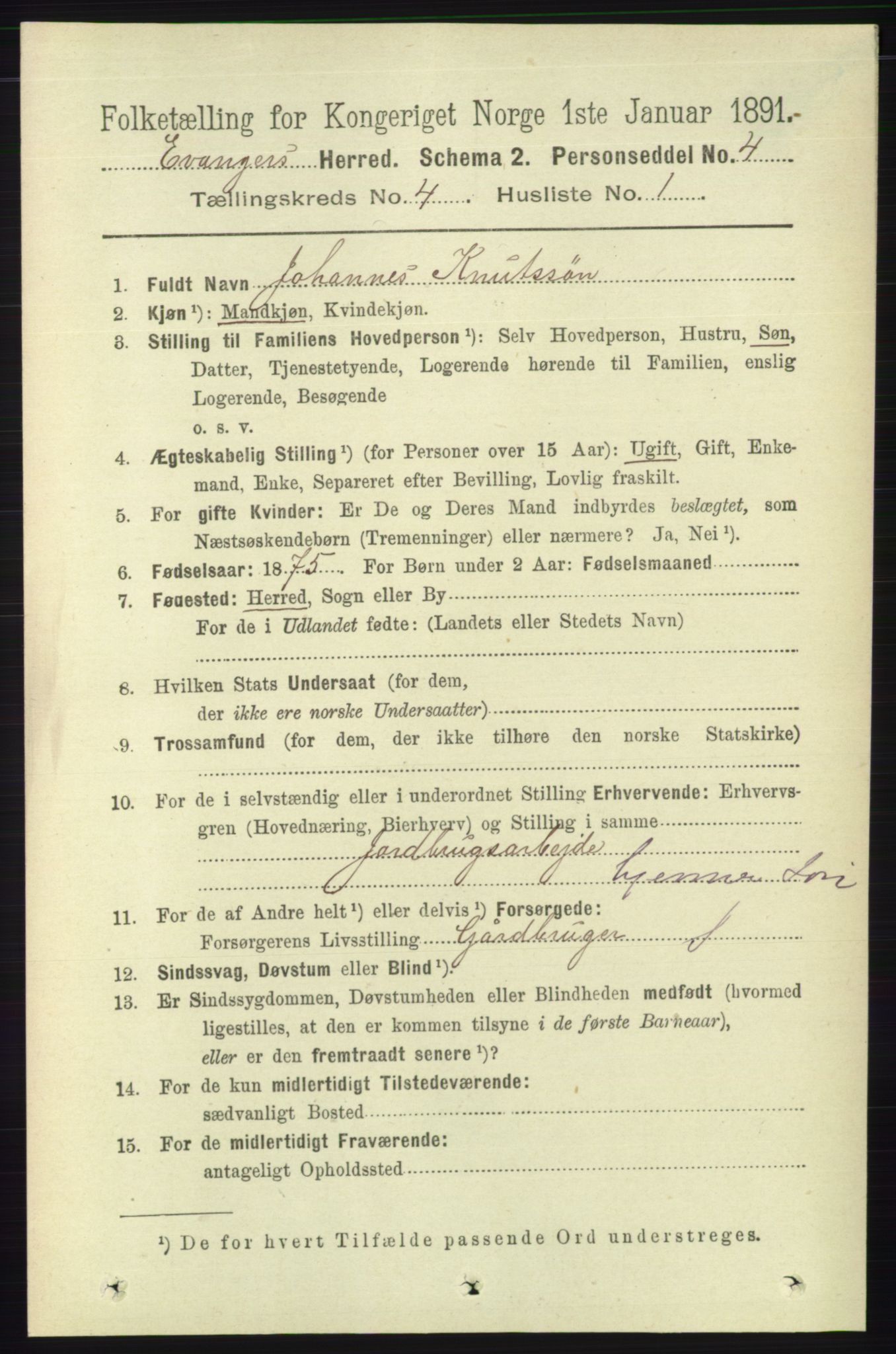 RA, 1891 census for 1237 Evanger, 1891, p. 1141