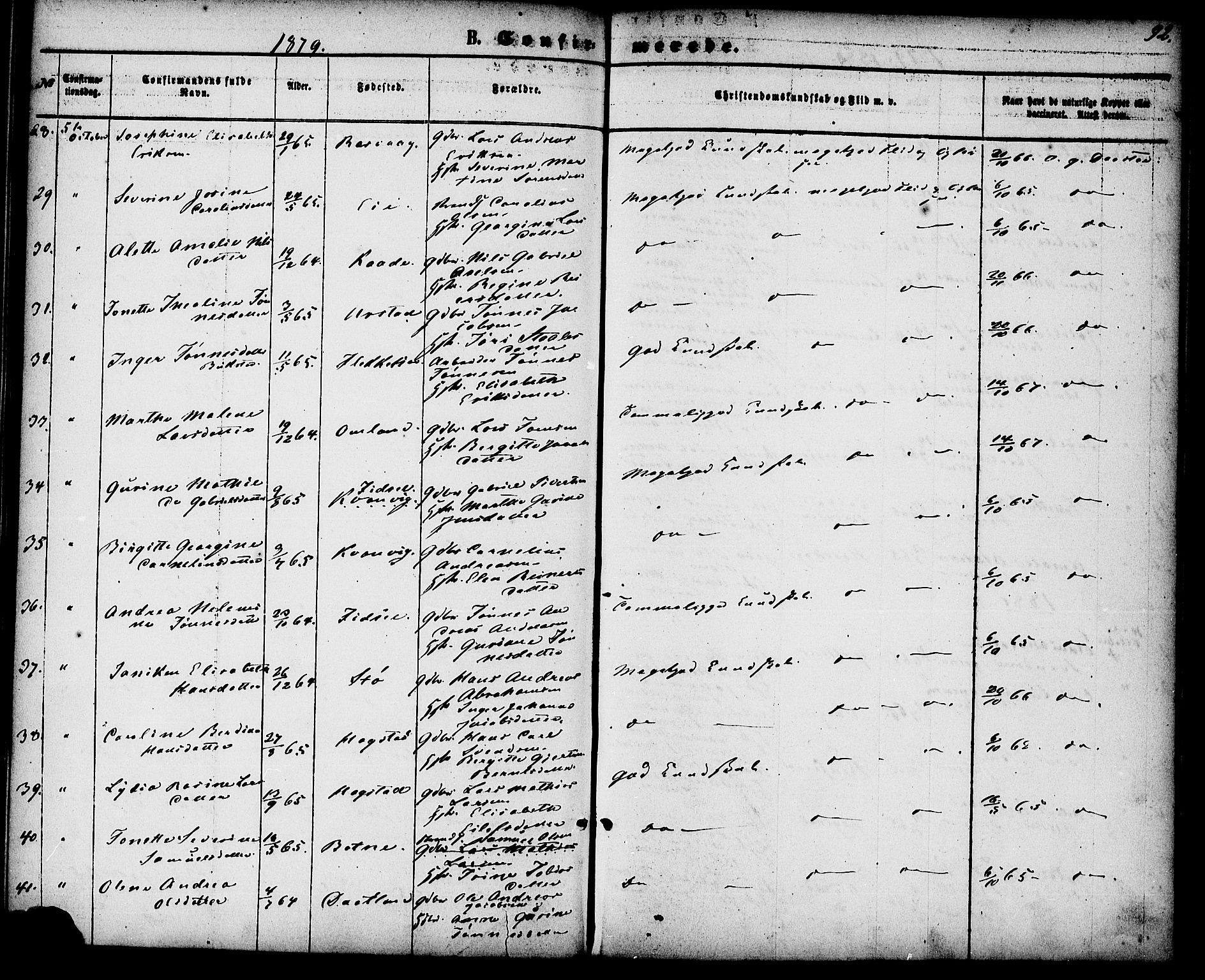 Flekkefjord sokneprestkontor, SAK/1111-0012/F/Fa/Fab/L0005: Parish register (official) no. A 5, 1870-1886, p. 92