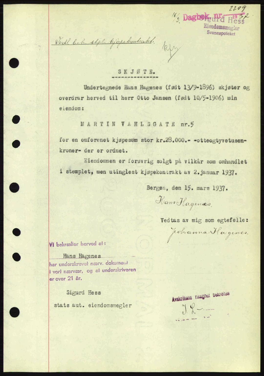 Byfogd og Byskriver i Bergen, SAB/A-3401/03/03Bc/L0004: Mortgage book no. A3-4, 1936-1937, Diary no: : 2209/1937