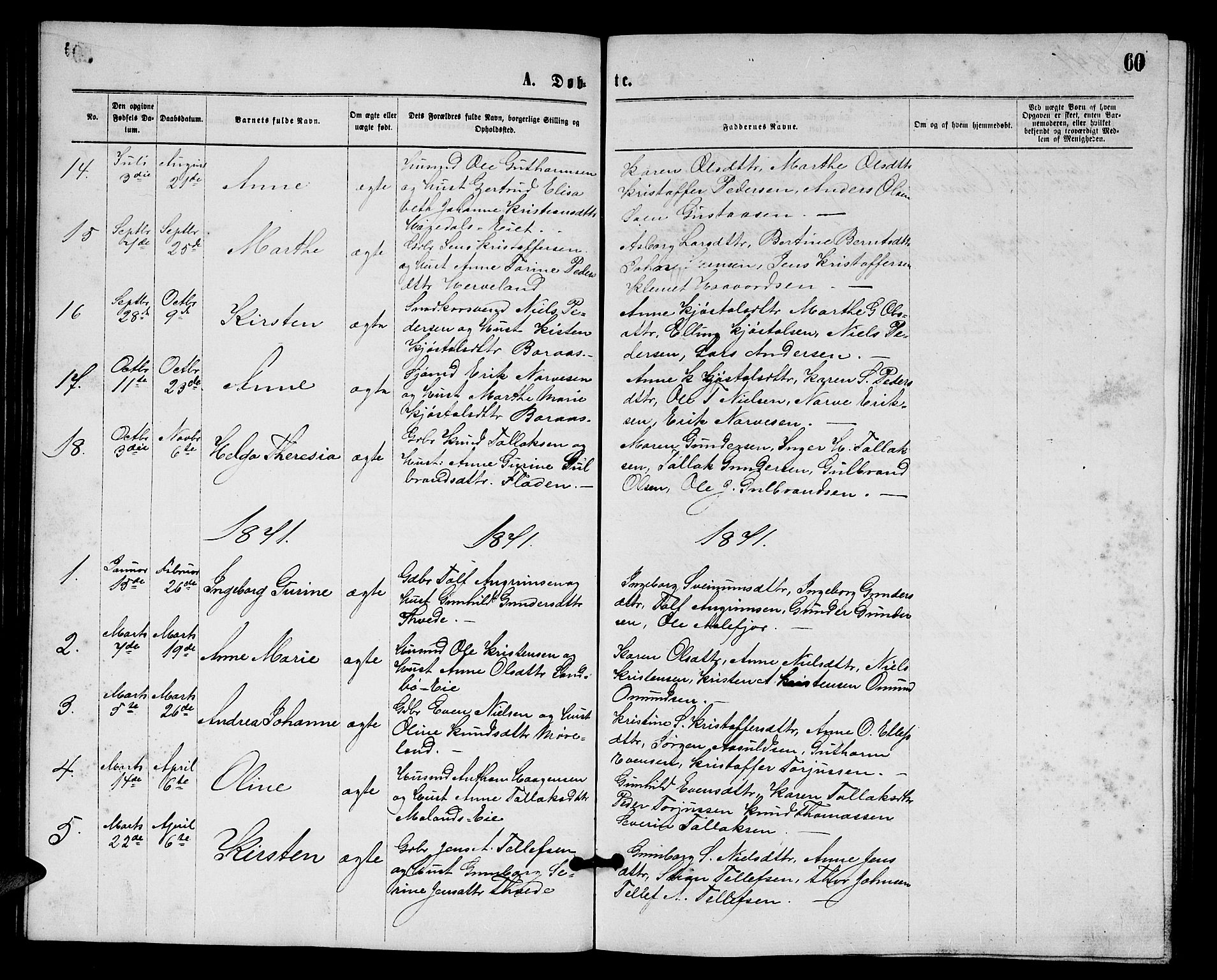 Austre Moland sokneprestkontor, SAK/1111-0001/F/Fb/Fba/L0002: Parish register (copy) no. B 2, 1869-1879, p. 60