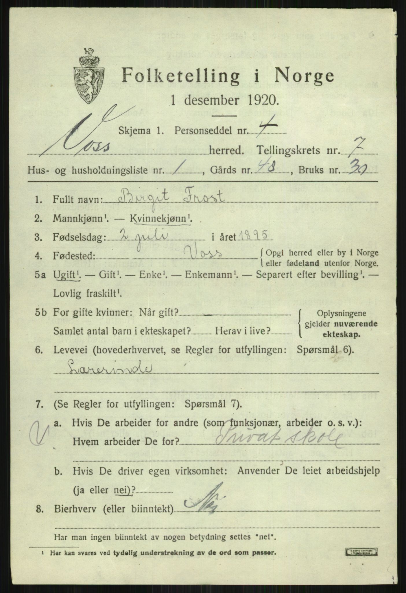 SAB, 1920 census for Voss, 1920, p. 6559