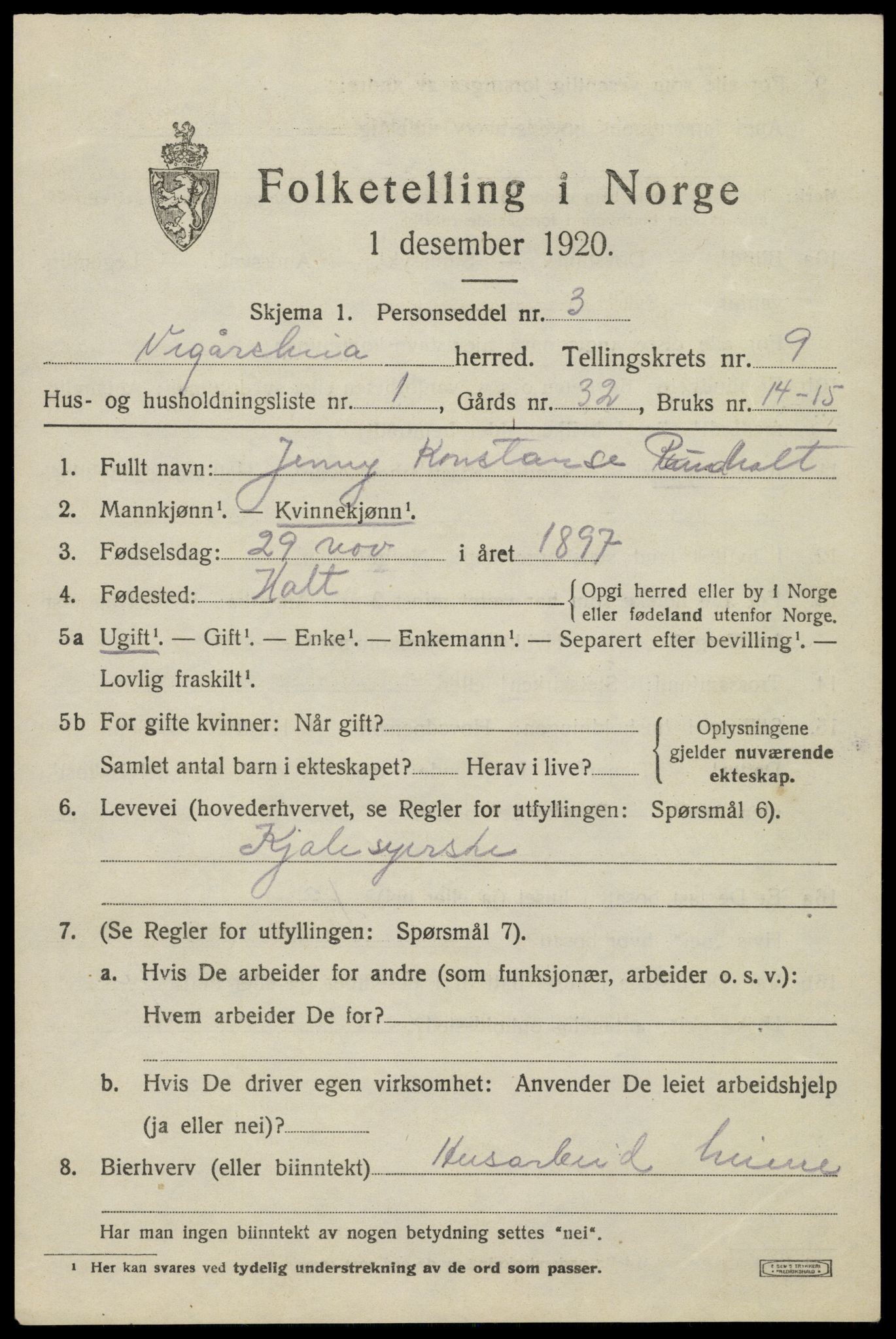 SAK, 1920 census for Vegårshei, 1920, p. 2936