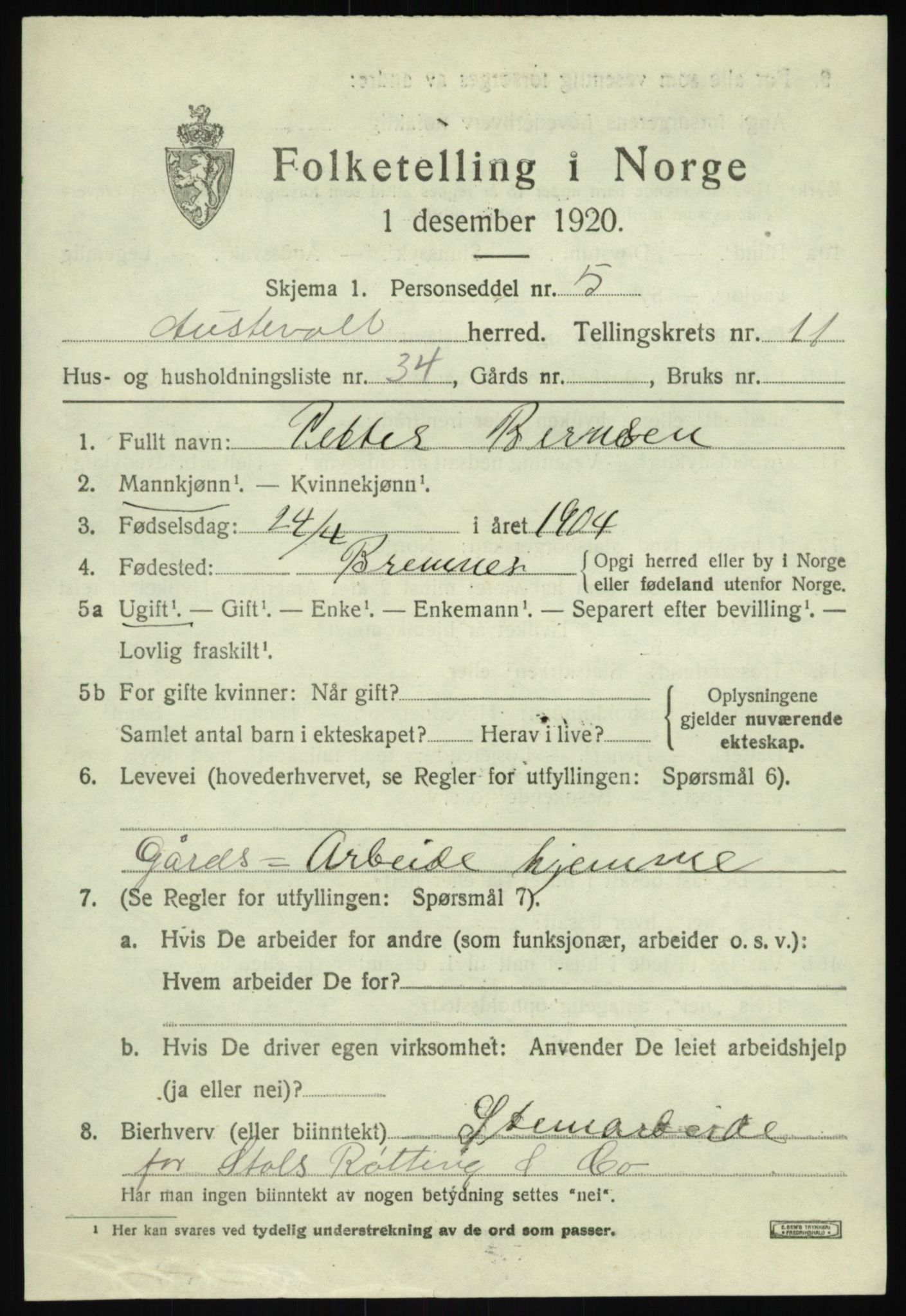 SAB, 1920 census for Austevoll, 1920, p. 6528