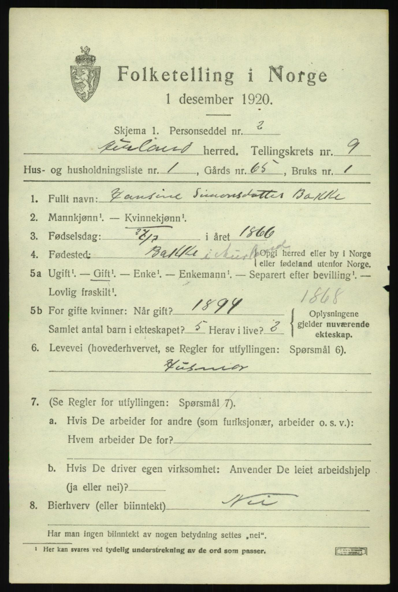 SAB, 1920 census for Aurland, 1920, p. 4746