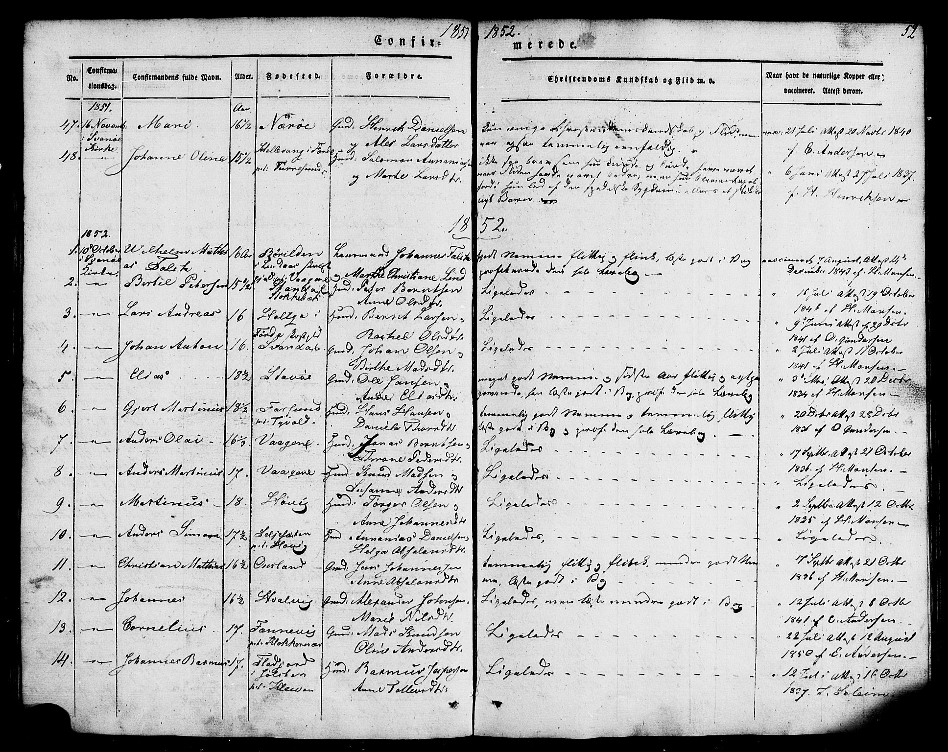 Kinn sokneprestembete, AV/SAB-A-80801/H/Haa/Haaa/L0007: Parish register (official) no. A 7, 1841-1858, p. 52