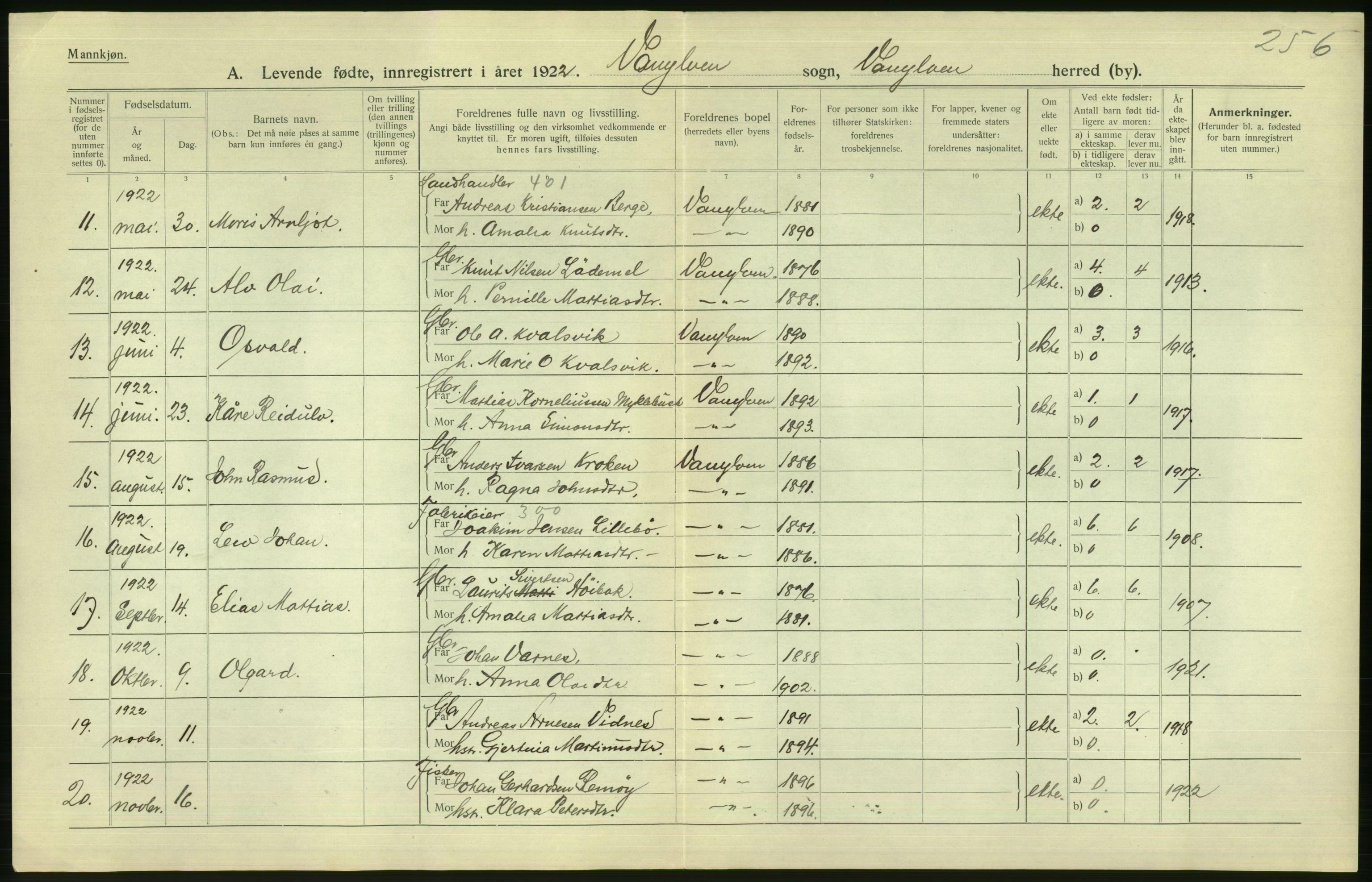 Statistisk sentralbyrå, Sosiodemografiske emner, Befolkning, AV/RA-S-2228/D/Df/Dfc/Dfcb/L0034: Møre fylke: Levendefødte menn og kvinner. Bygder., 1922, p. 4