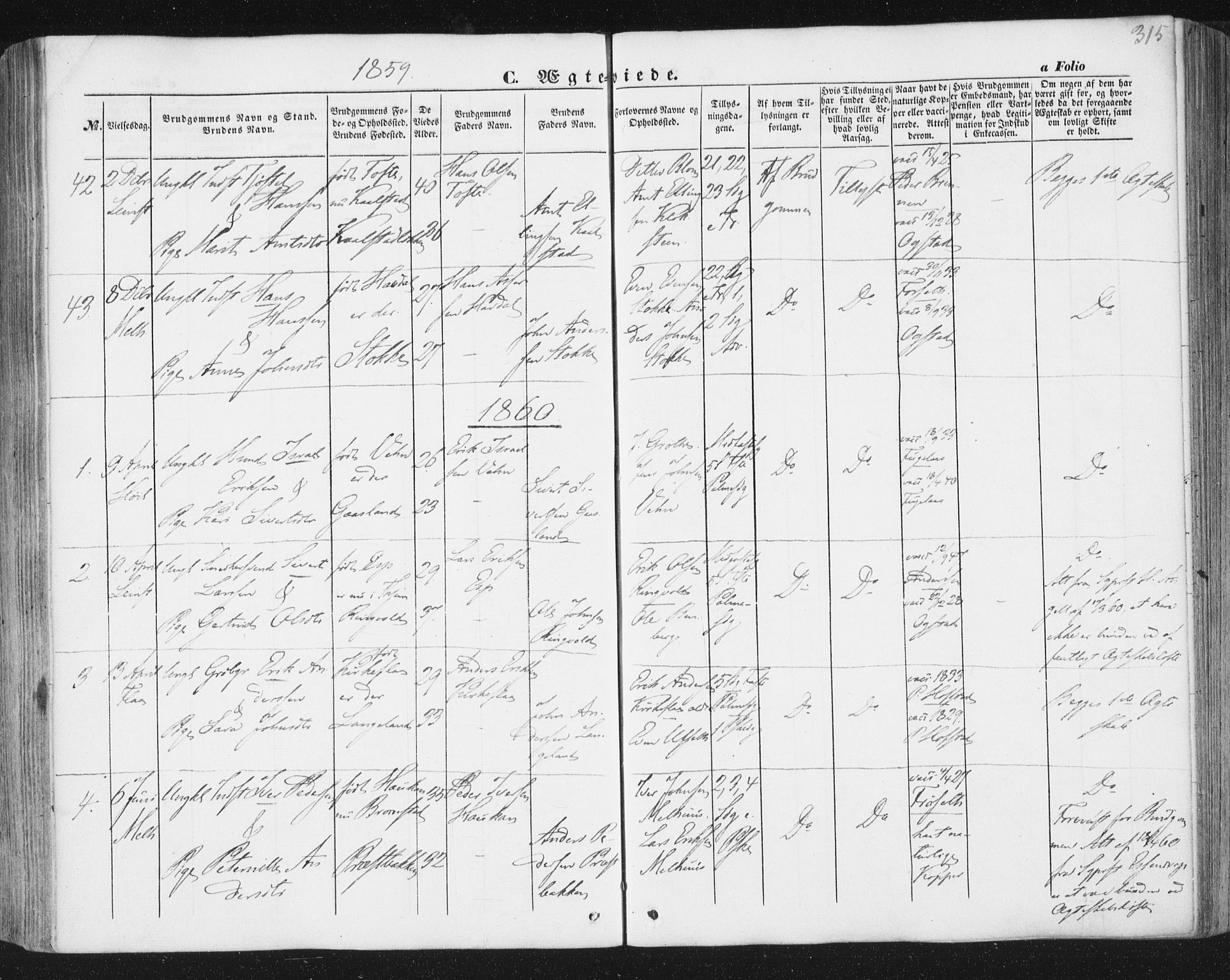 Ministerialprotokoller, klokkerbøker og fødselsregistre - Sør-Trøndelag, SAT/A-1456/691/L1076: Parish register (official) no. 691A08, 1852-1861, p. 315