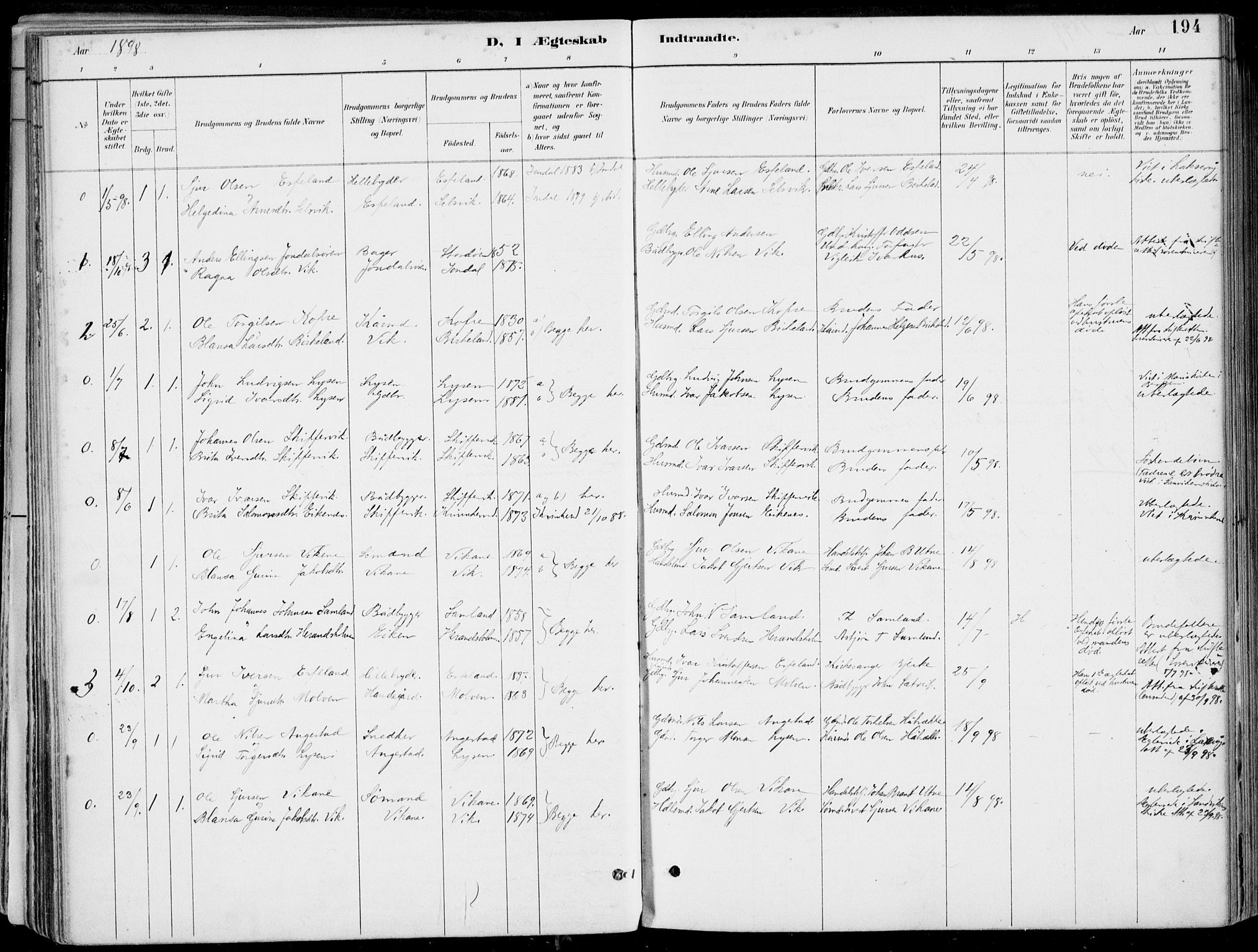 Strandebarm sokneprestembete, SAB/A-78401/H/Haa: Parish register (official) no. E  1, 1886-1908, p. 194